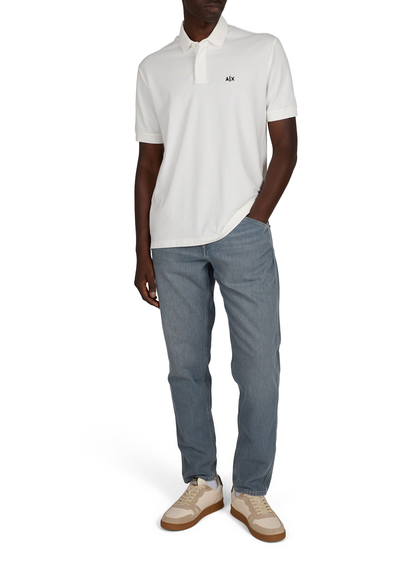 Straight polo shirt with embroidered logo in blended cotton. ARMANI EXCHANGE White