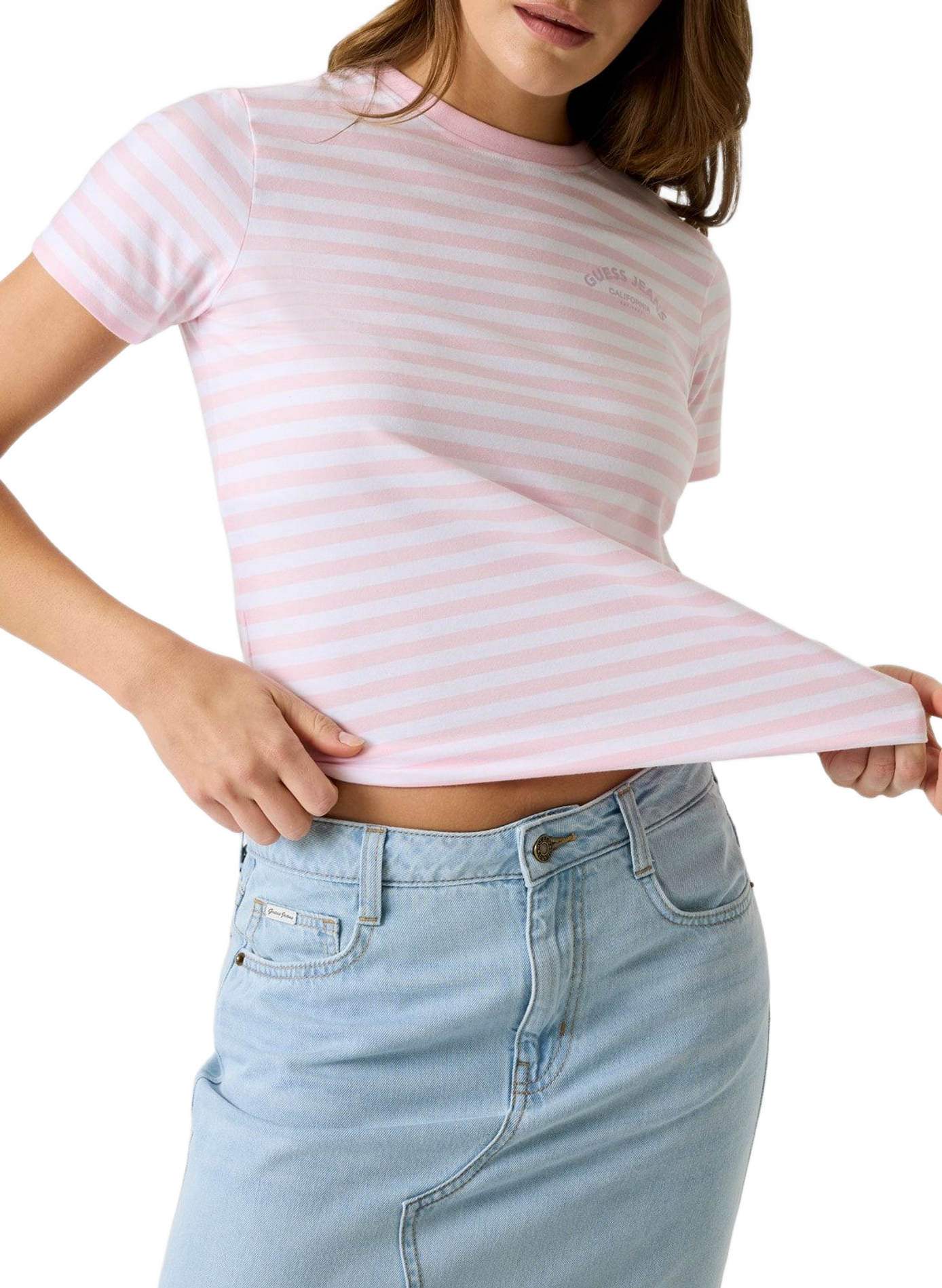 Striped T-shirt with printed logo in mixed cotton GUESS Pink