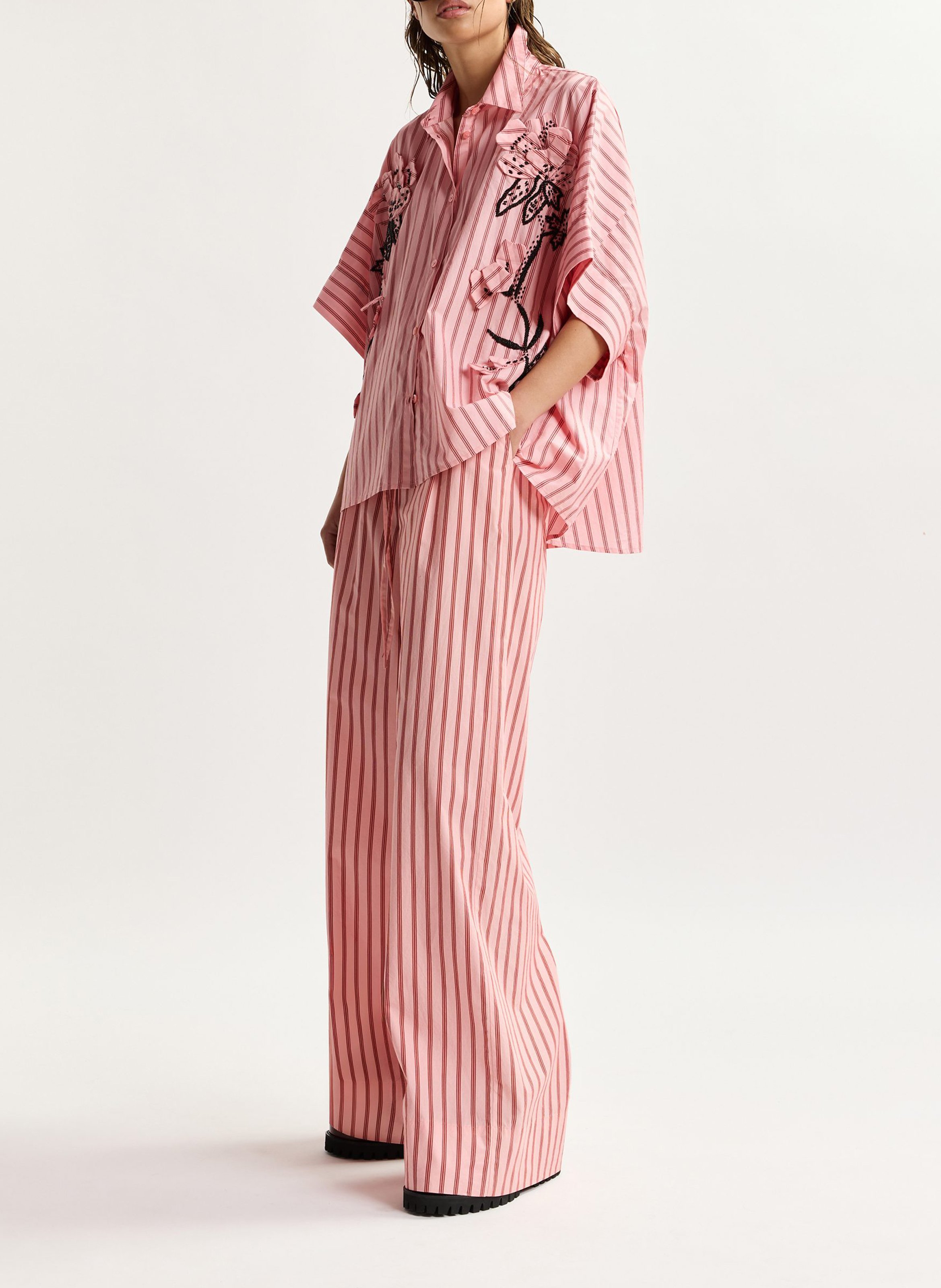 Pantalon taille haute large rayé jouise Rose