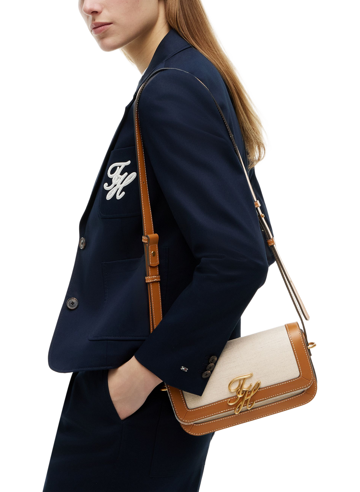 Sac à main à logo doré en coton et cuir TOMMY HILFIGER Marron