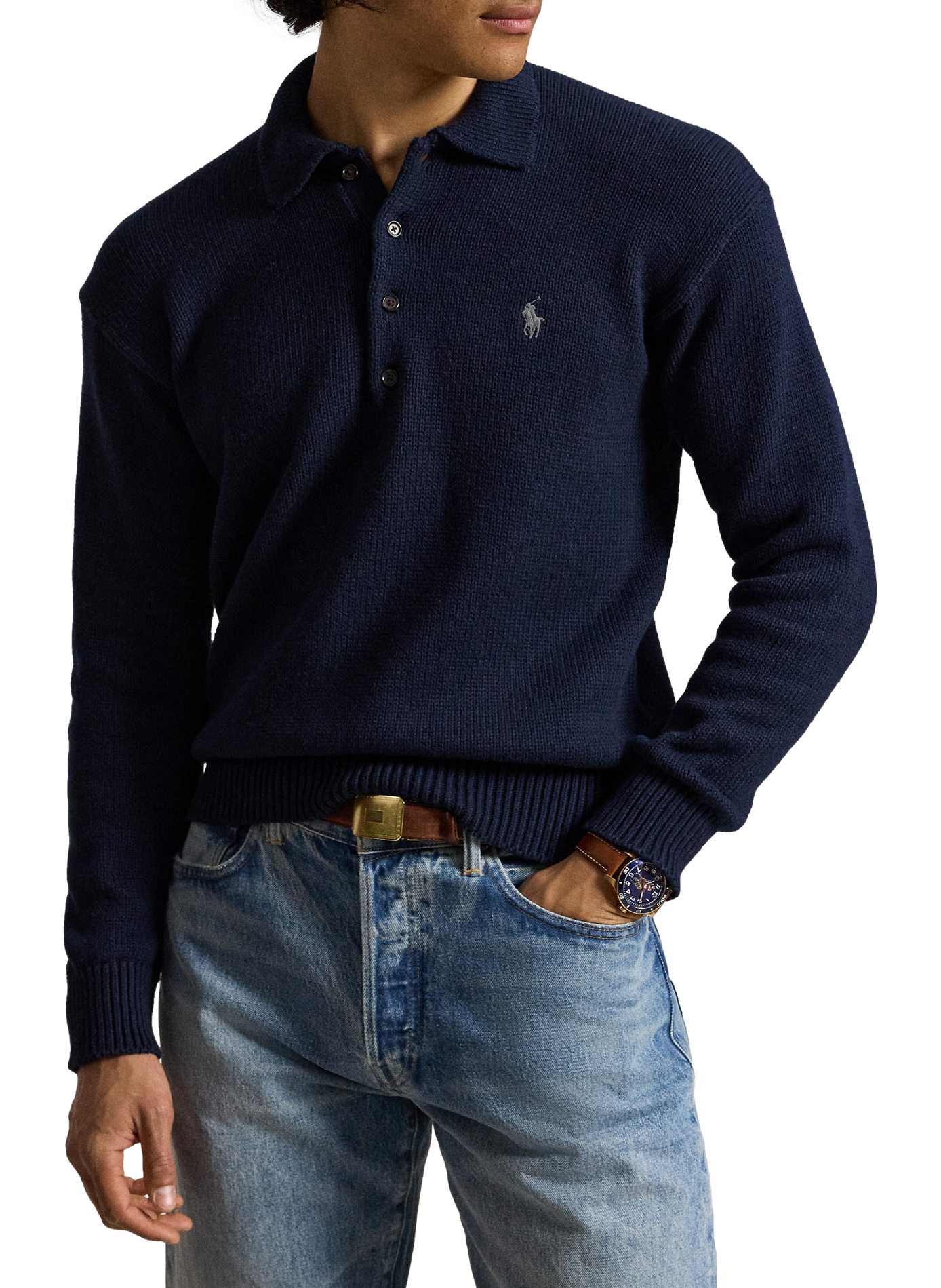 Pull droit col polo en coton POLO RALPH LAUREN Bleu