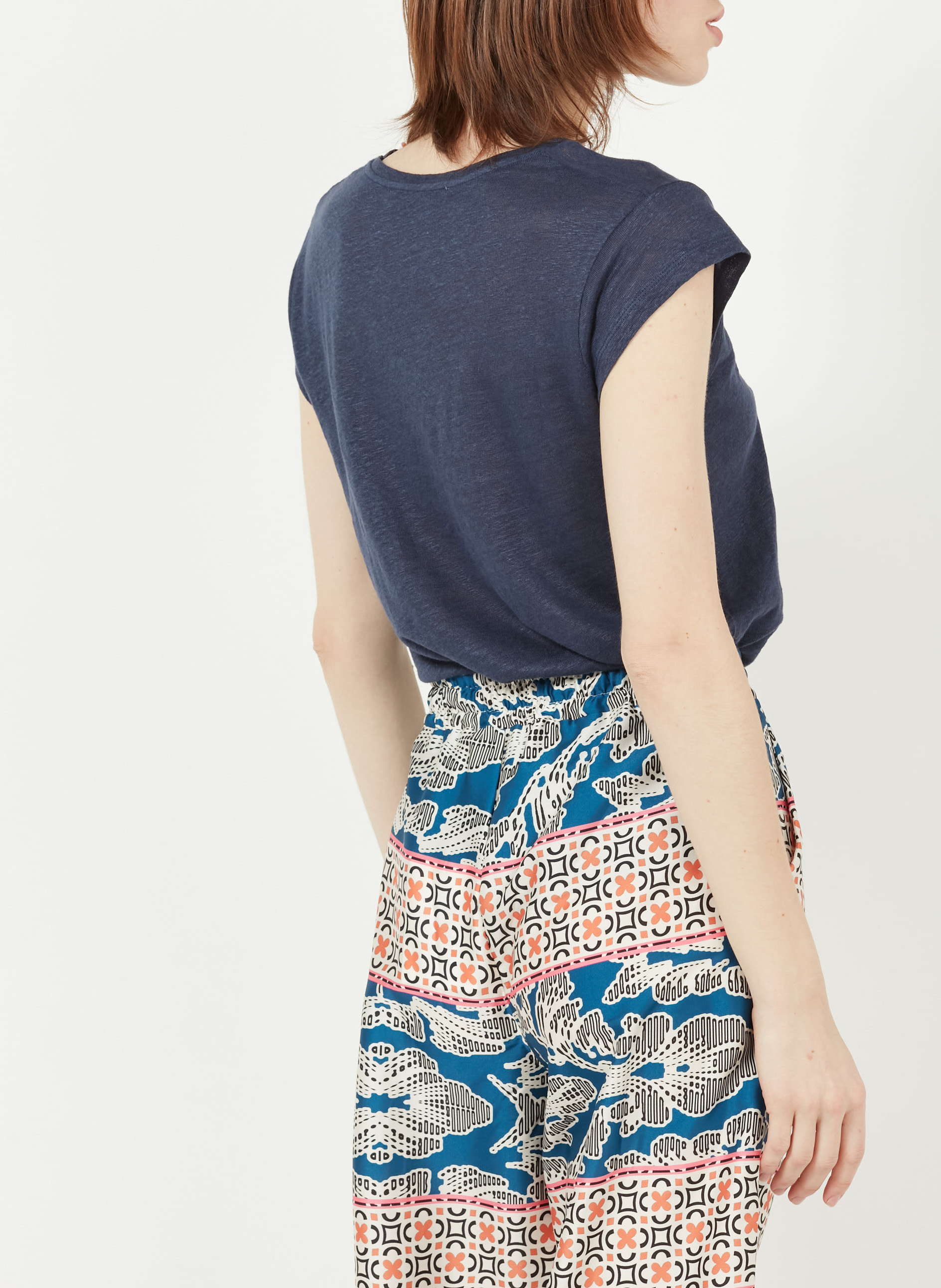 Recht T-shirt met V-hals van linnen LA FEE MARABOUTEE Blauw