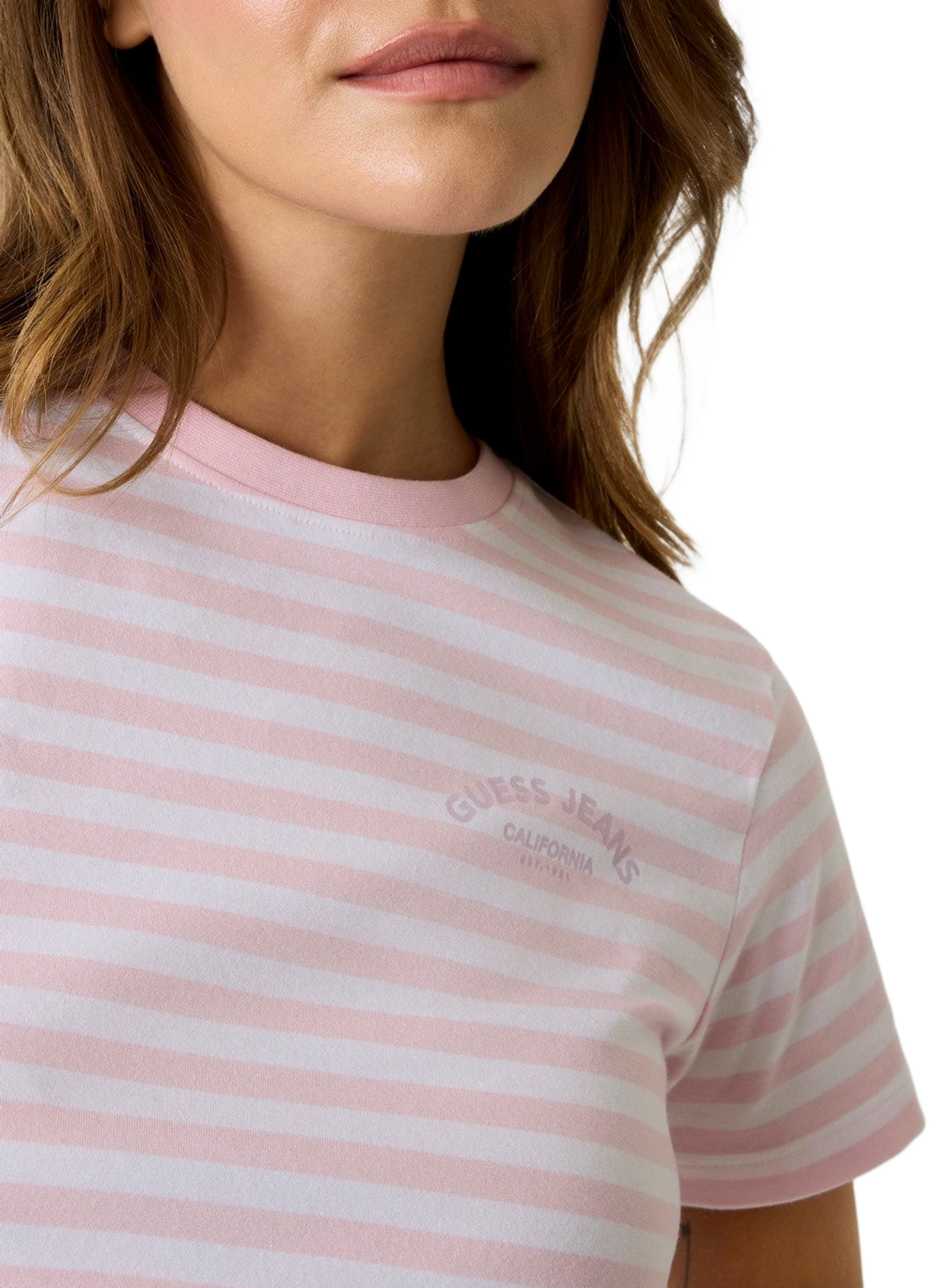 Striped T-shirt with printed logo in mixed cotton GUESS Pink