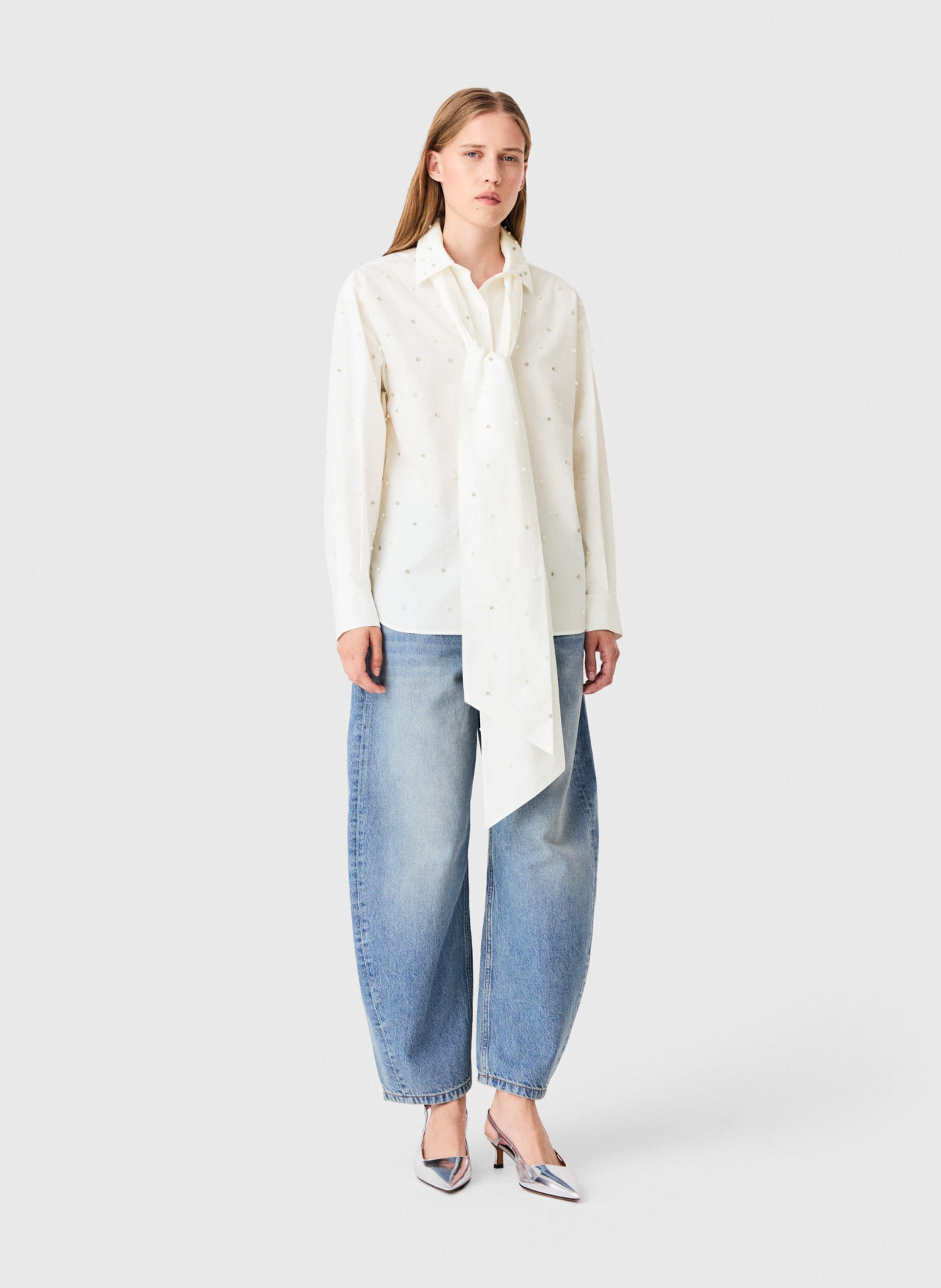 Chemise col lavallière à strass et perles MAJE Blanc