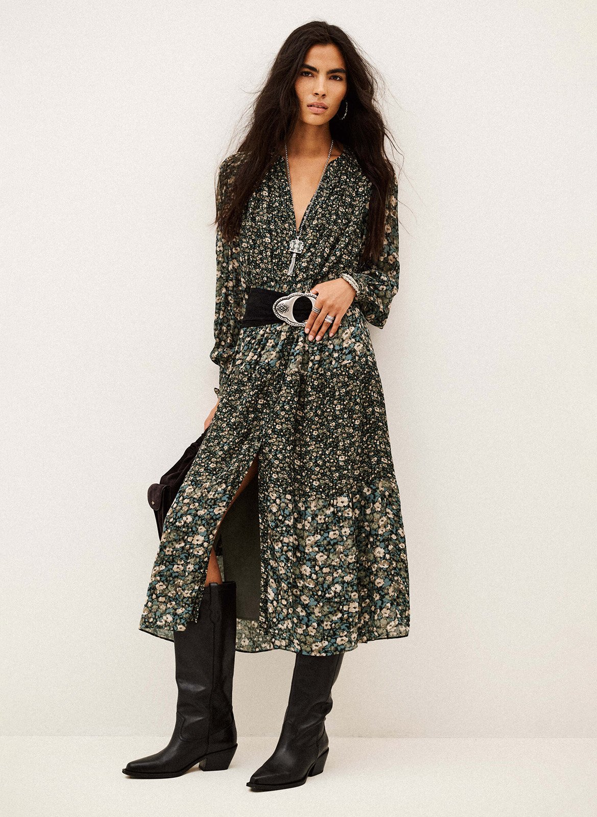 Robe midi à motif fleur kacy BA&SH Kaki