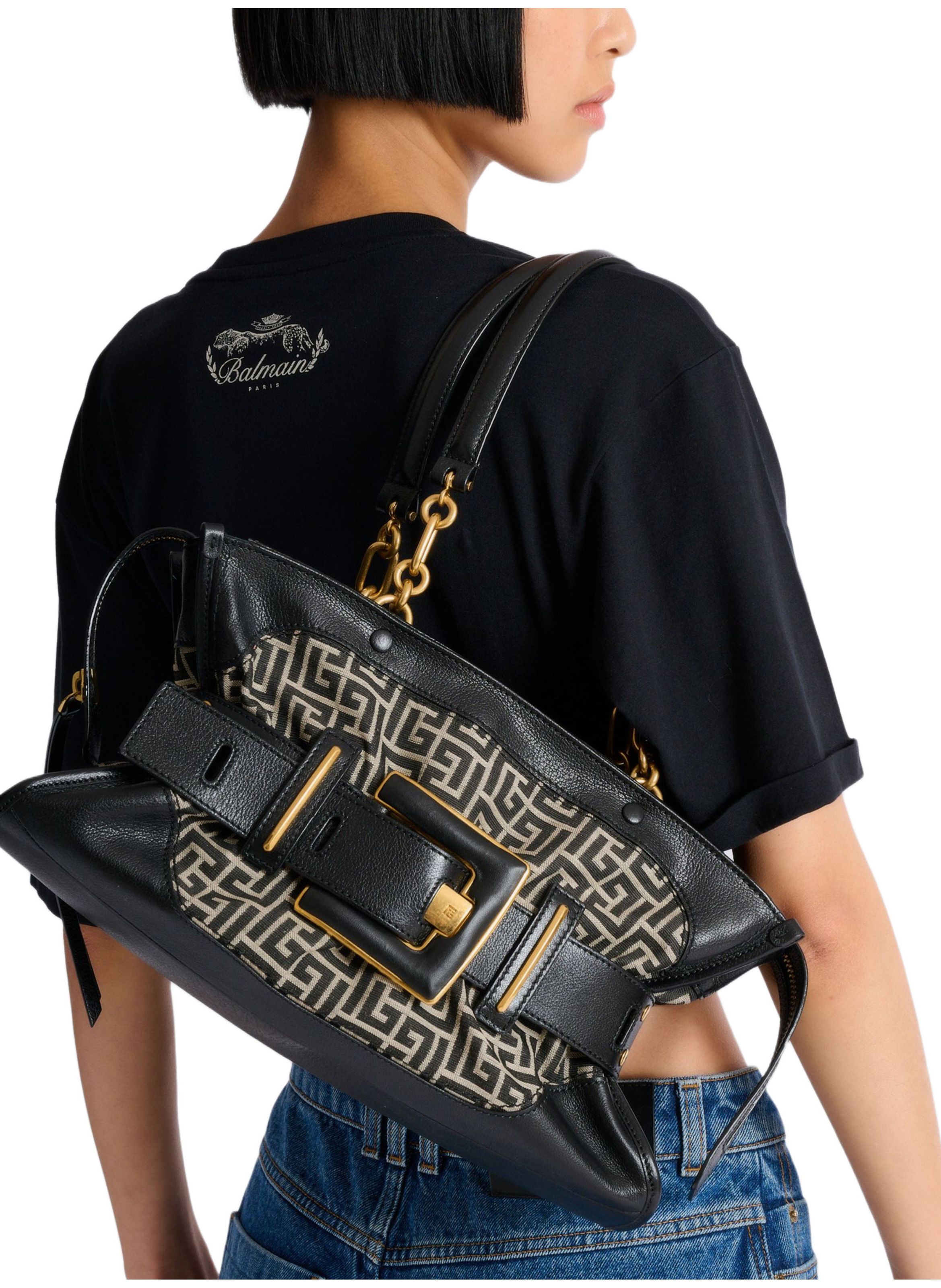 Sac anthem en cuir et jacquard monogramme BALMAIN Noir