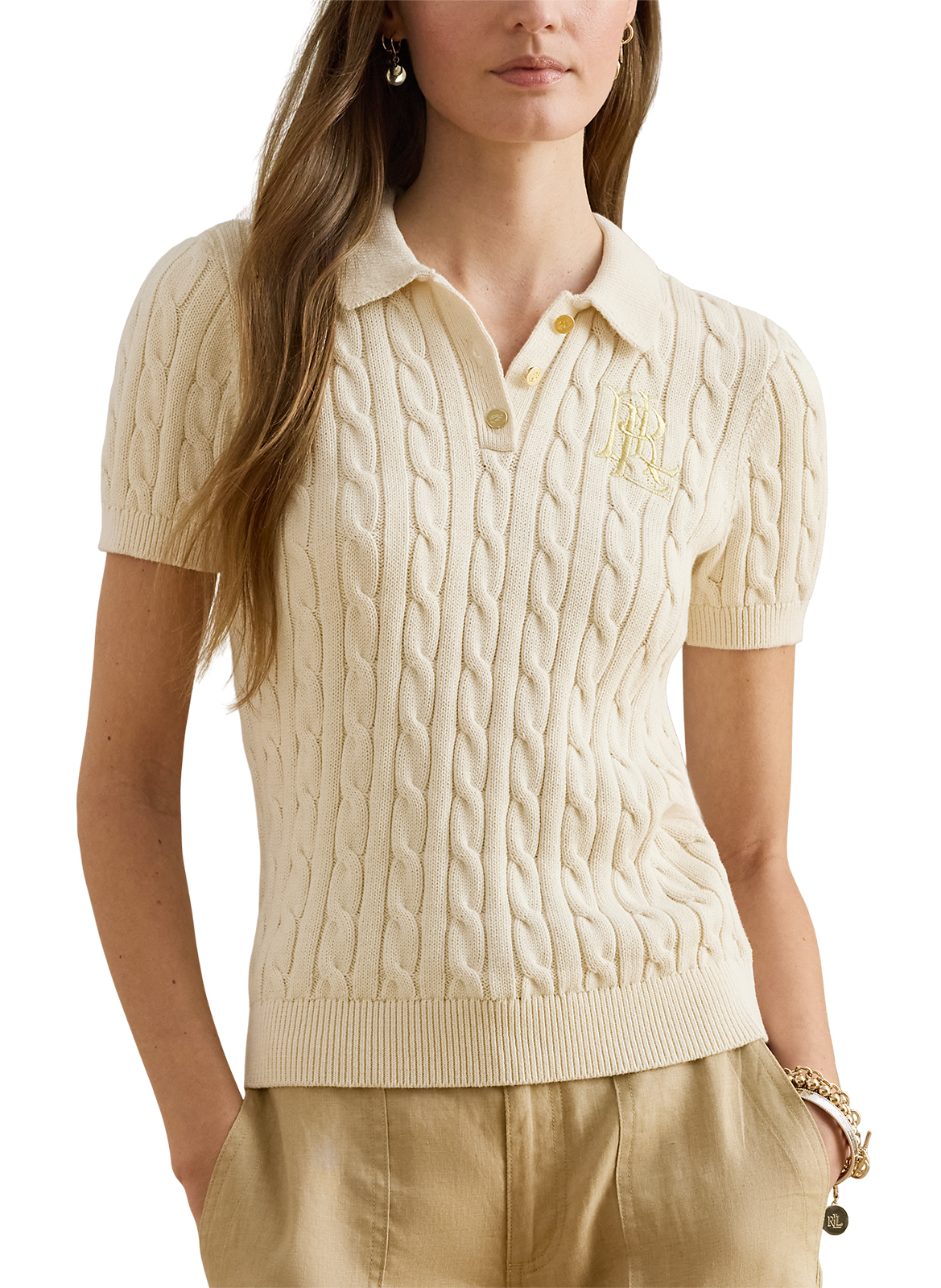 Polo neck twisted knit cotton sweater LAUREN Beige