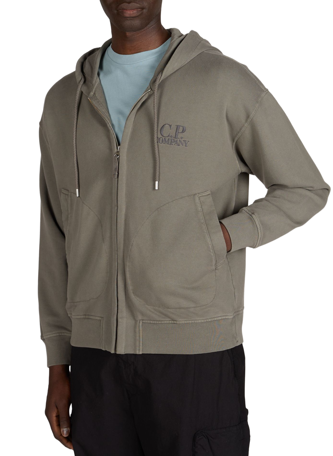 Embroidered cotton zip-up hoodie CP COMPANY Grey