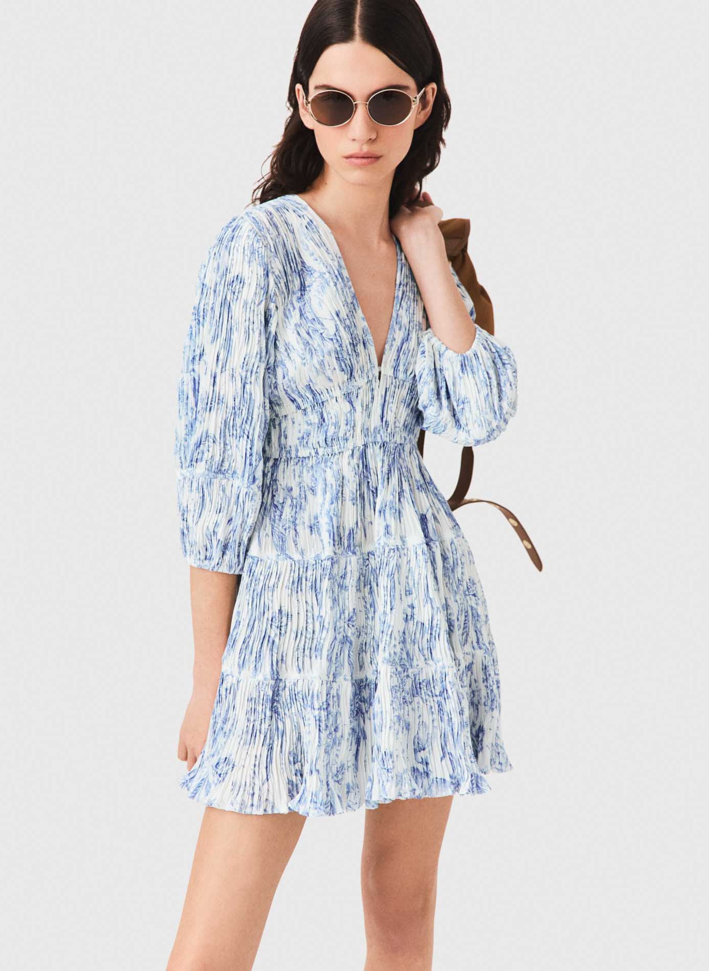 Robe courte col v imprimée Bleu