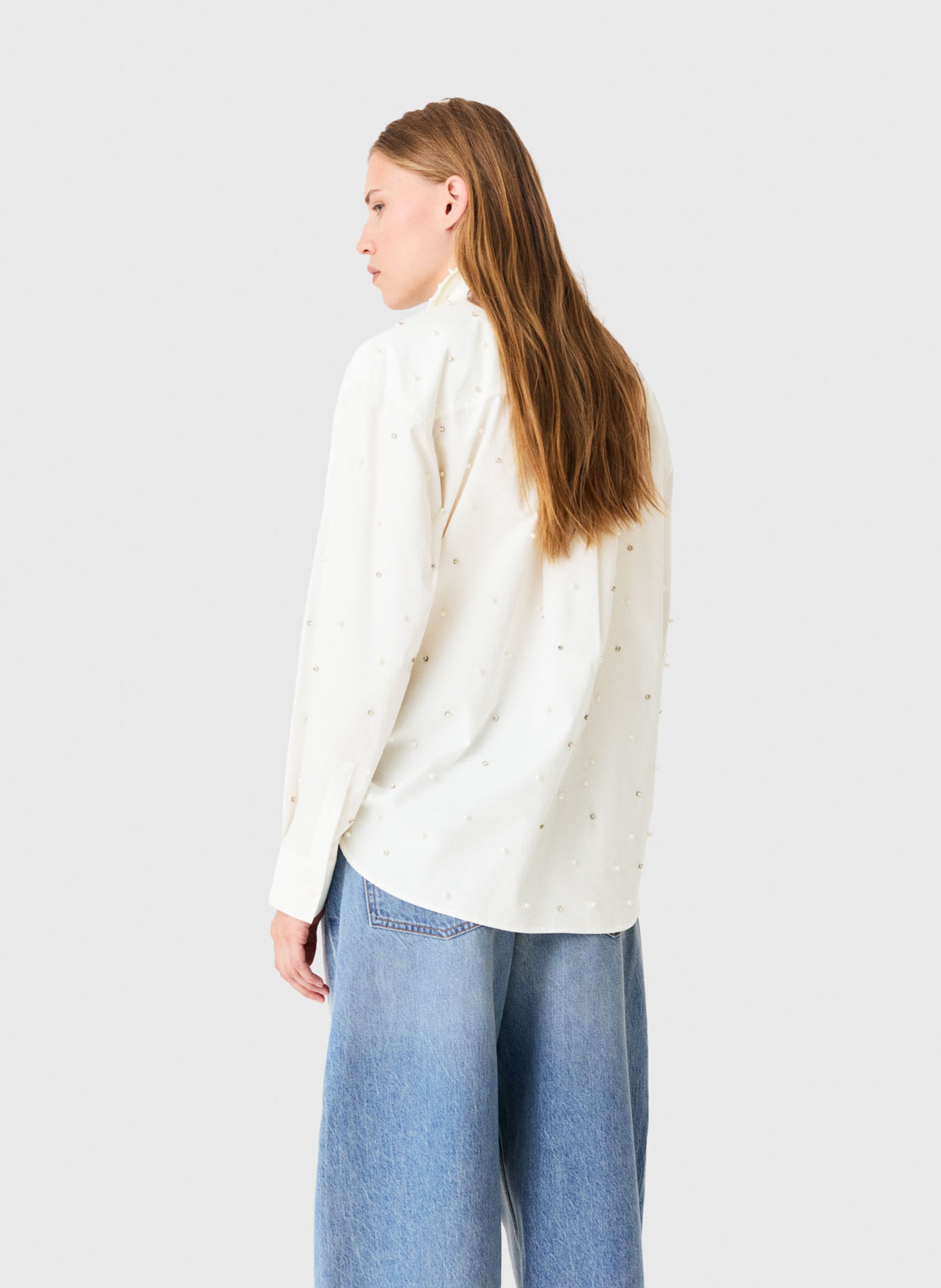 Chemise col lavallière à strass et perles MAJE Blanc