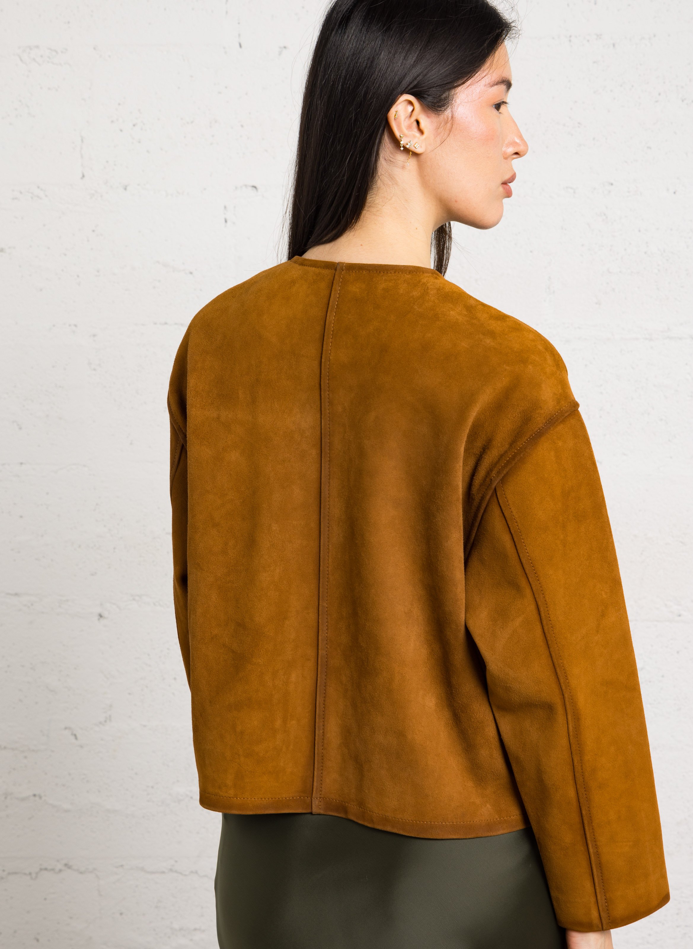 Veste droite col rond en cuir velours vip MAISON 123 Beige