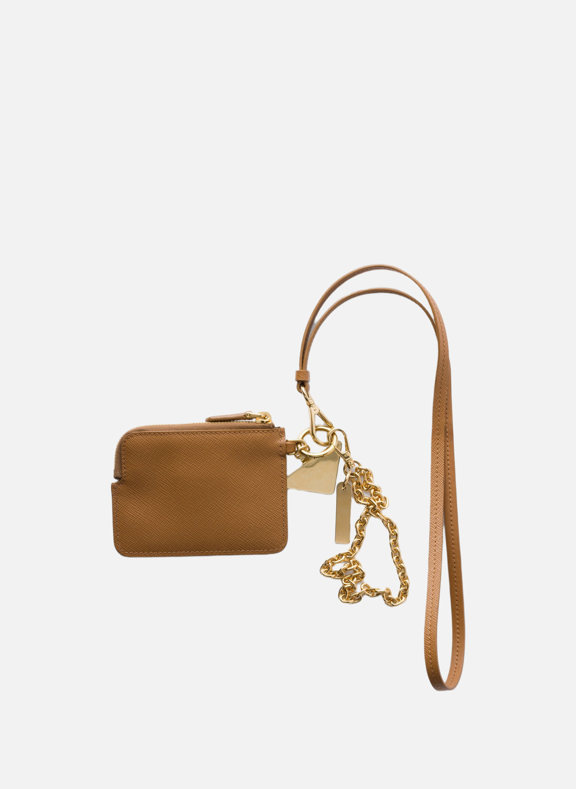 Porte-cartes à bandoulière en cuir saffiano PRADA Marron