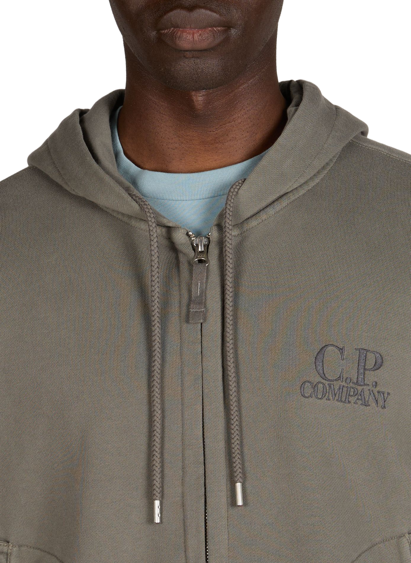 Embroidered cotton zip-up hoodie CP COMPANY Grey