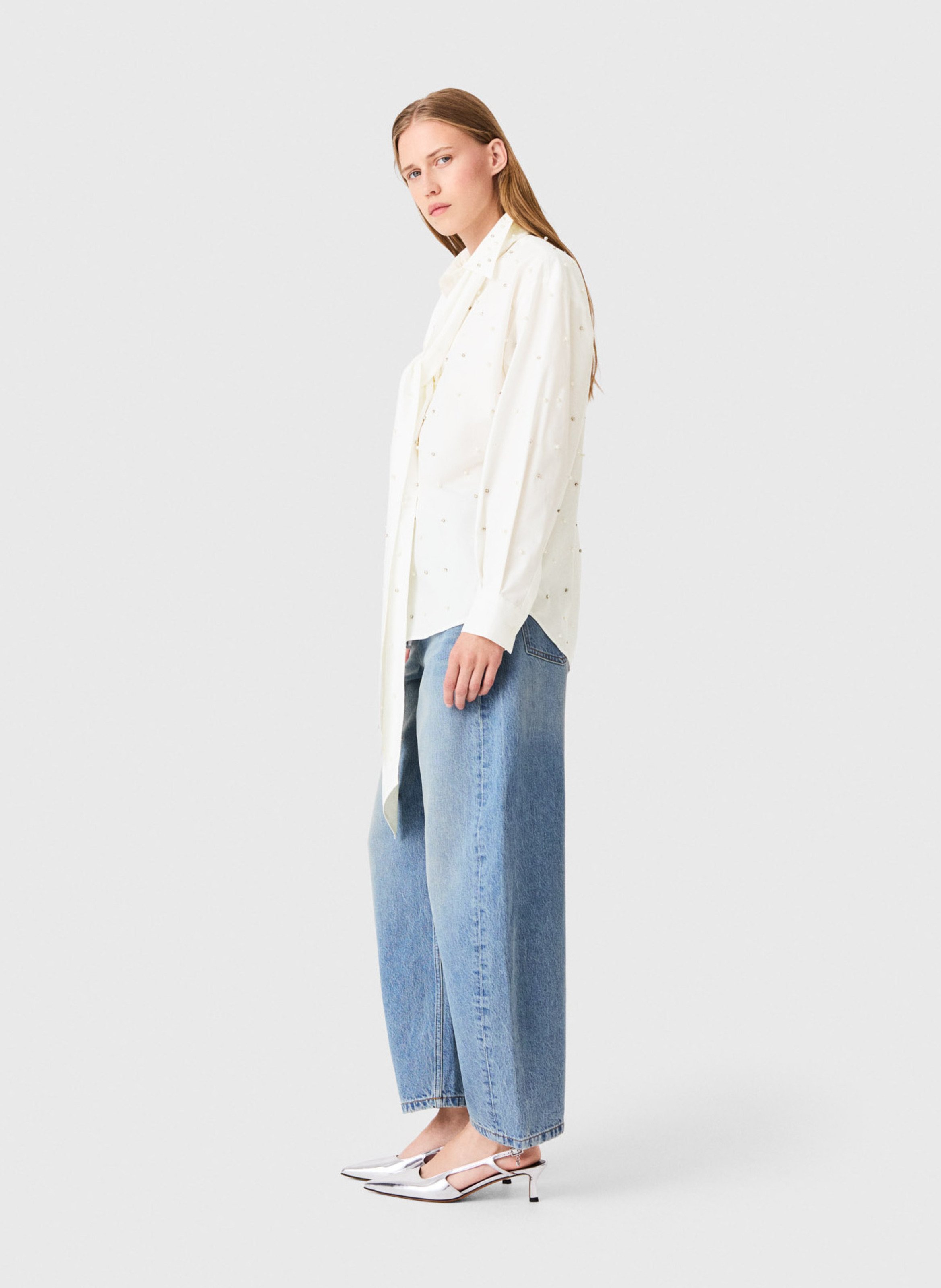Chemise col lavallière à strass et perles MAJE Blanc