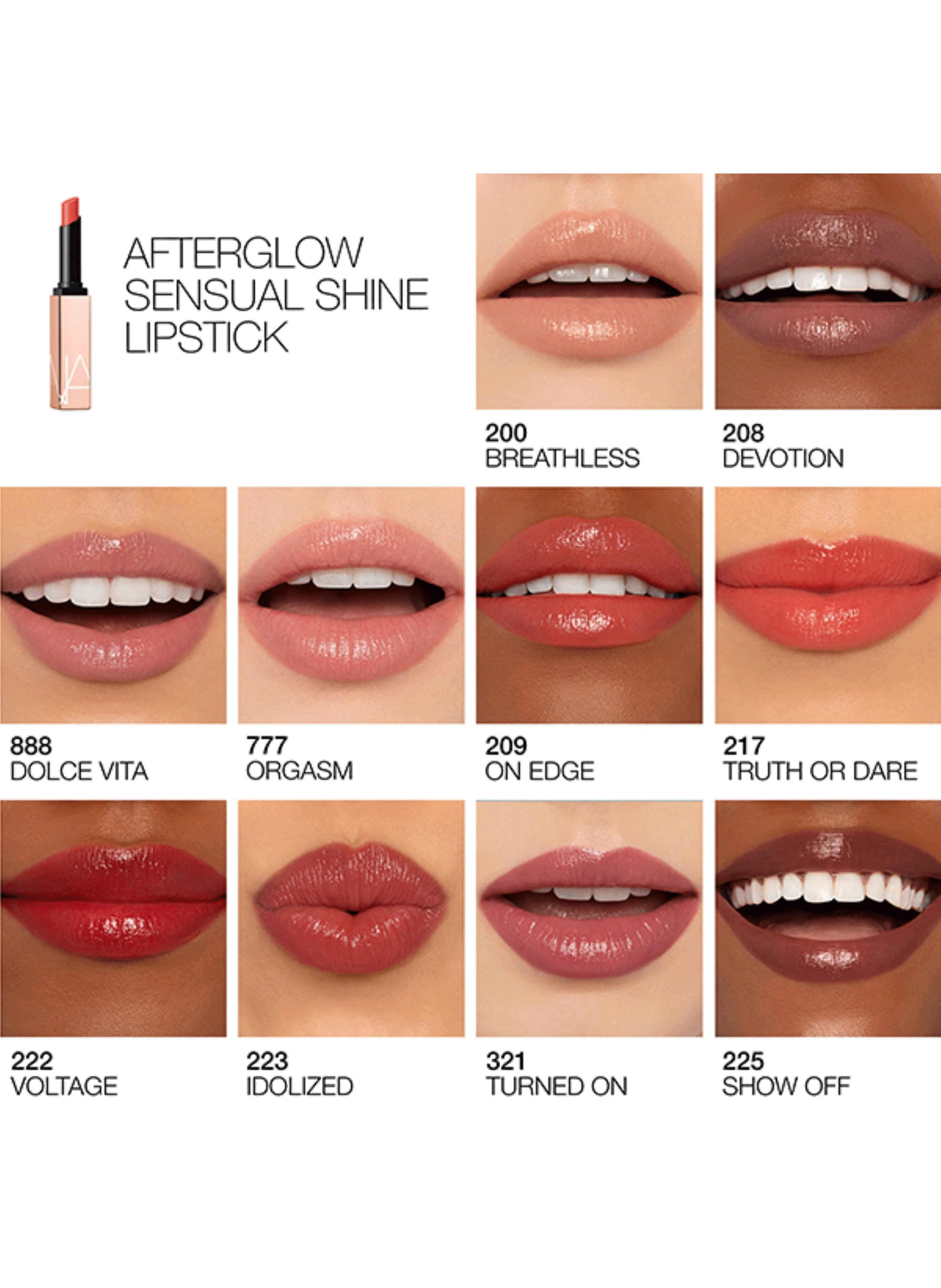 Afterglow Sensual Shine lipstick NARS Orgasm - 777 rose pêche avec reflets dorés irisés