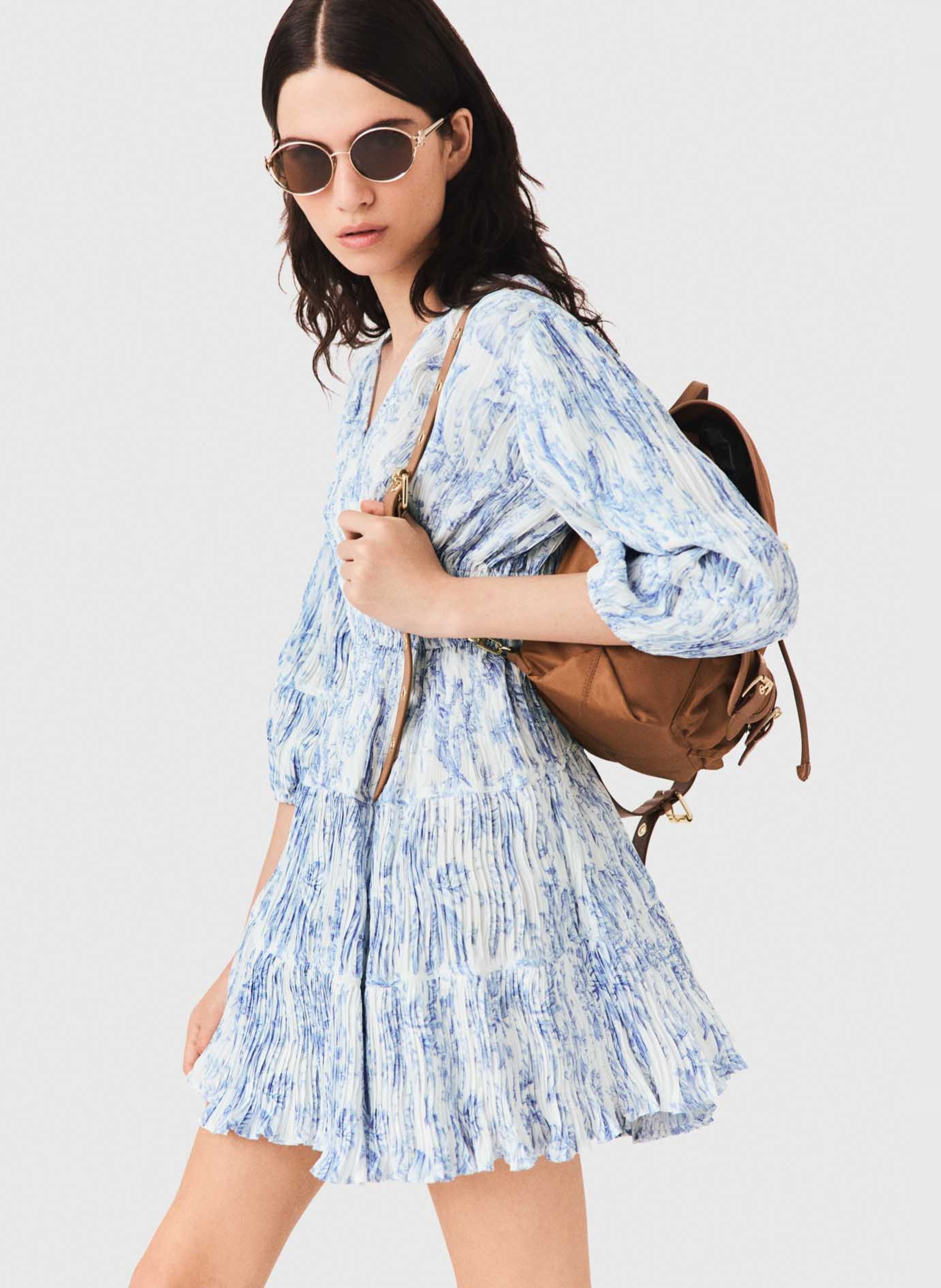 Robe courte col v imprimée Bleu