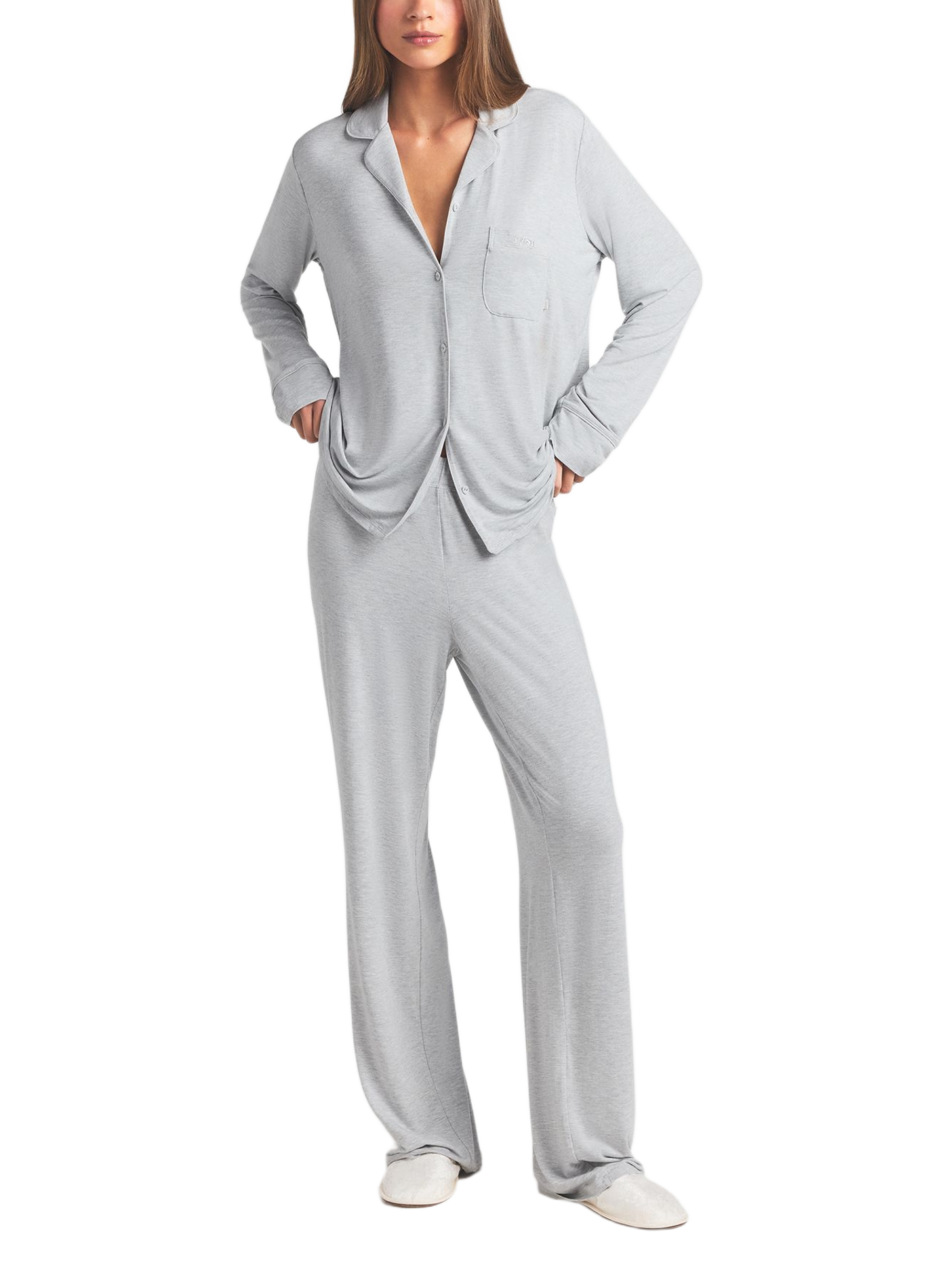 Set aus einfarbiger langer Pyjama. SKIMS Grau