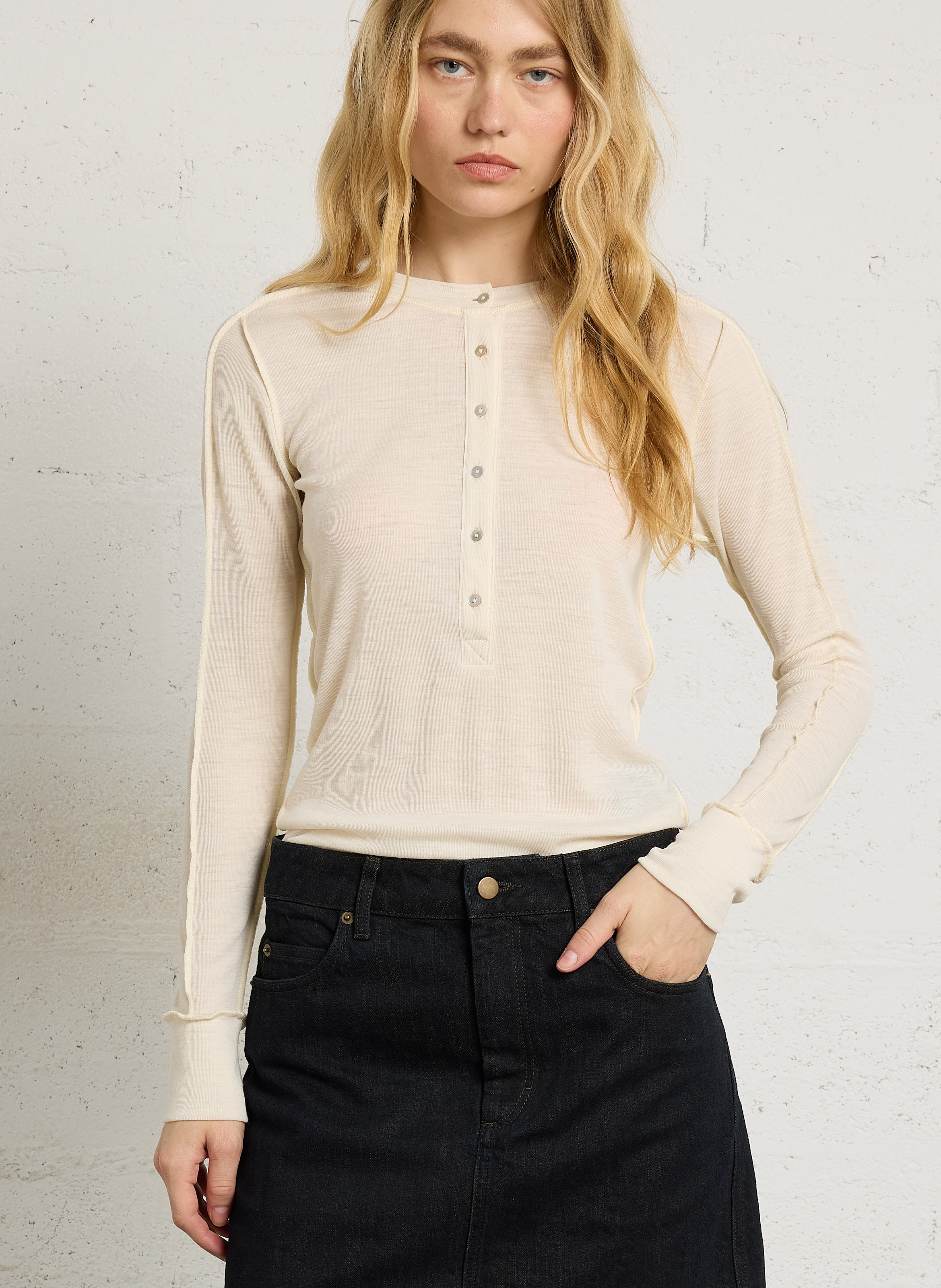 Tee-shirt col rond en laine laos SOEUR Beige