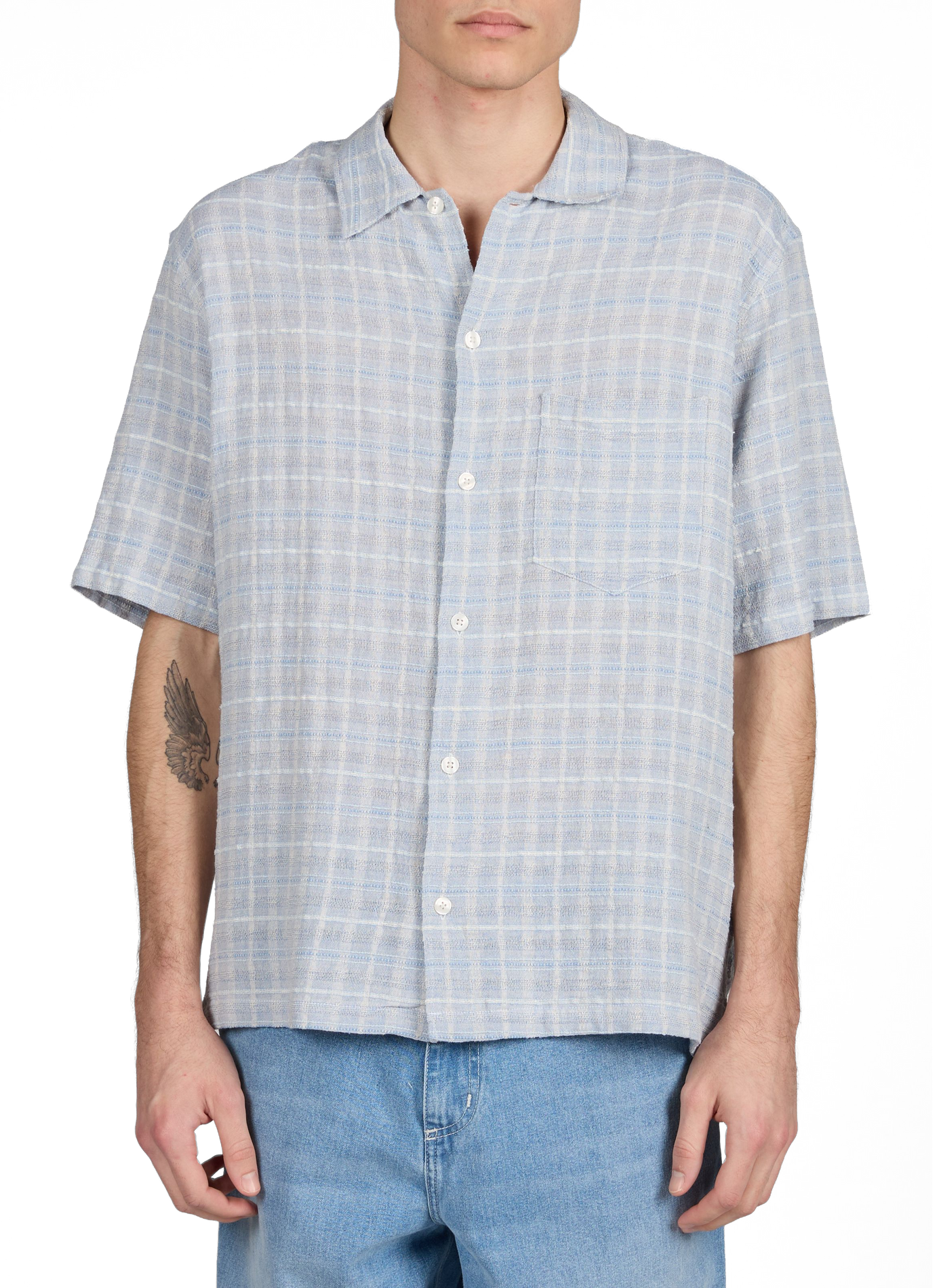 Chemise manches courtes à carreaux en coton mélangé SAMSOE SAMSOE Bleu