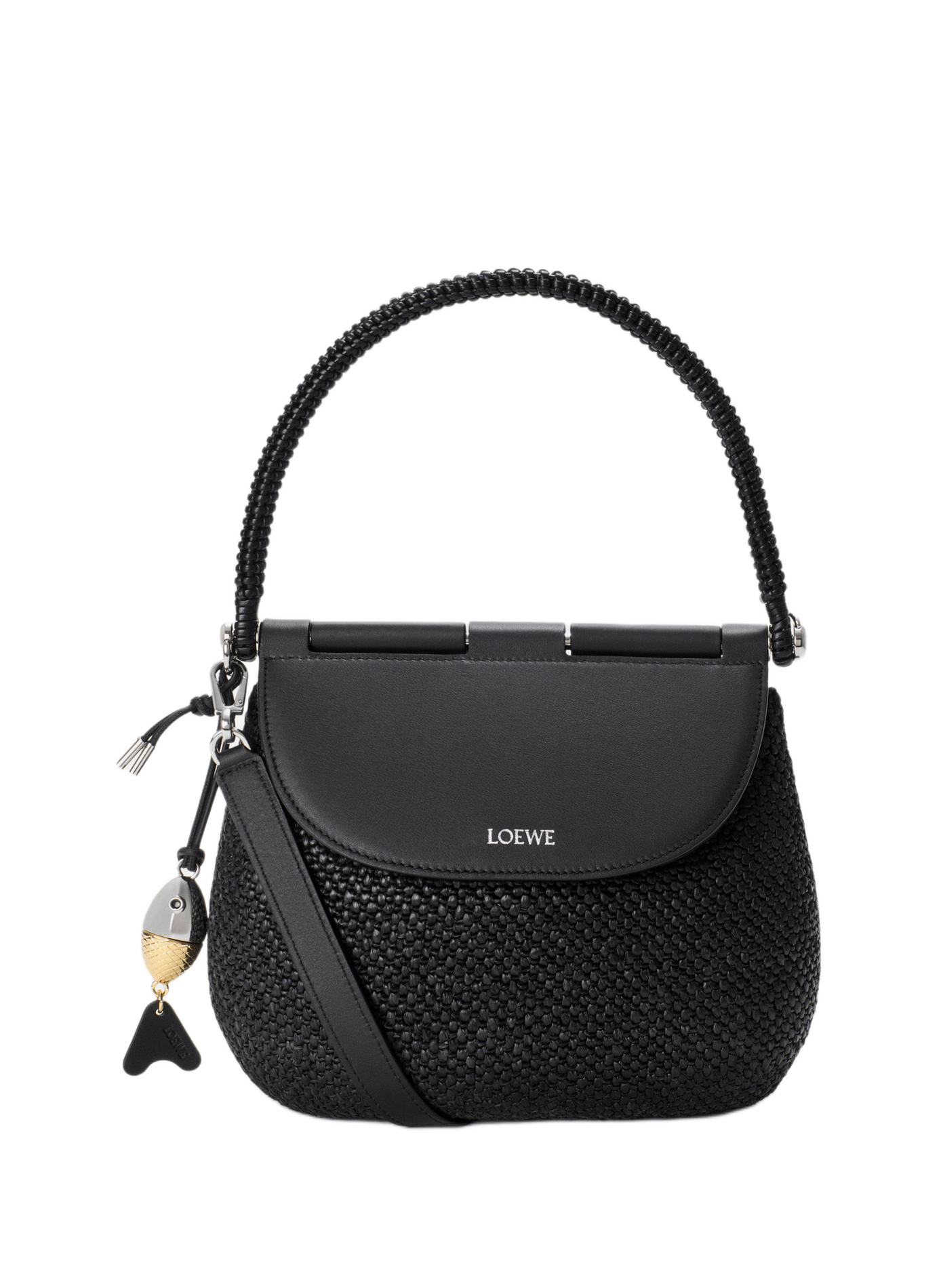 Medium Pescador bag in raffia and calf leather LOEWE Black
