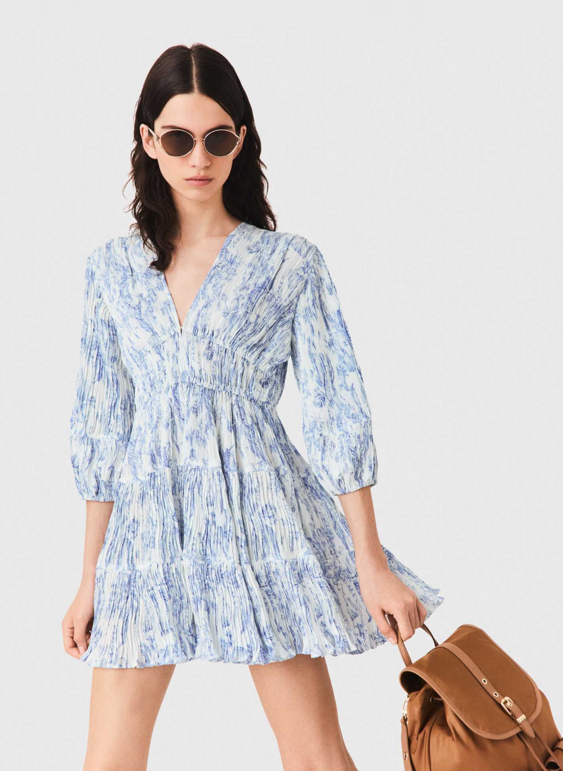 Robe courte col v imprimée Bleu