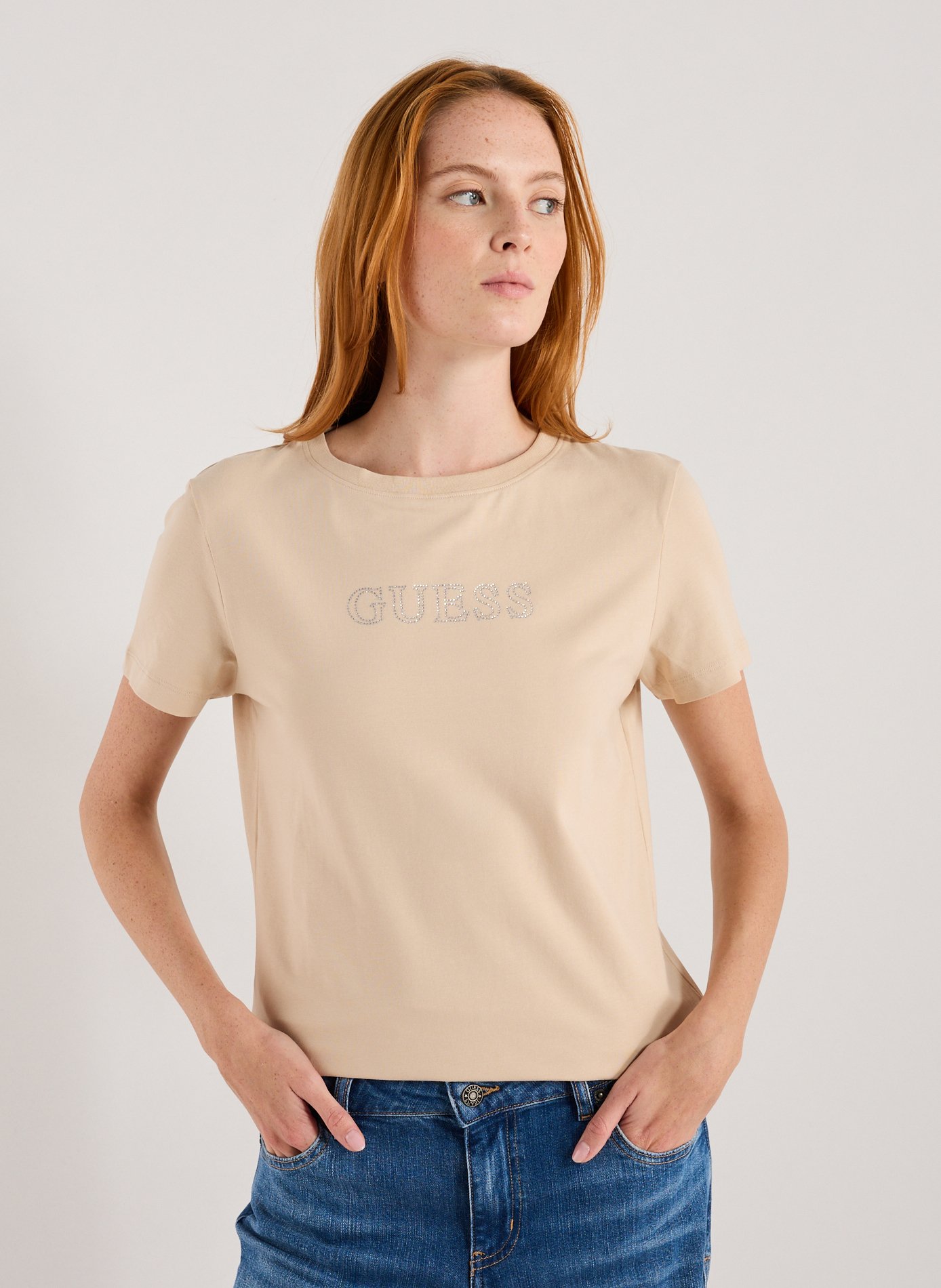 GUESS T-shirt col rond en coton mélangé Beige