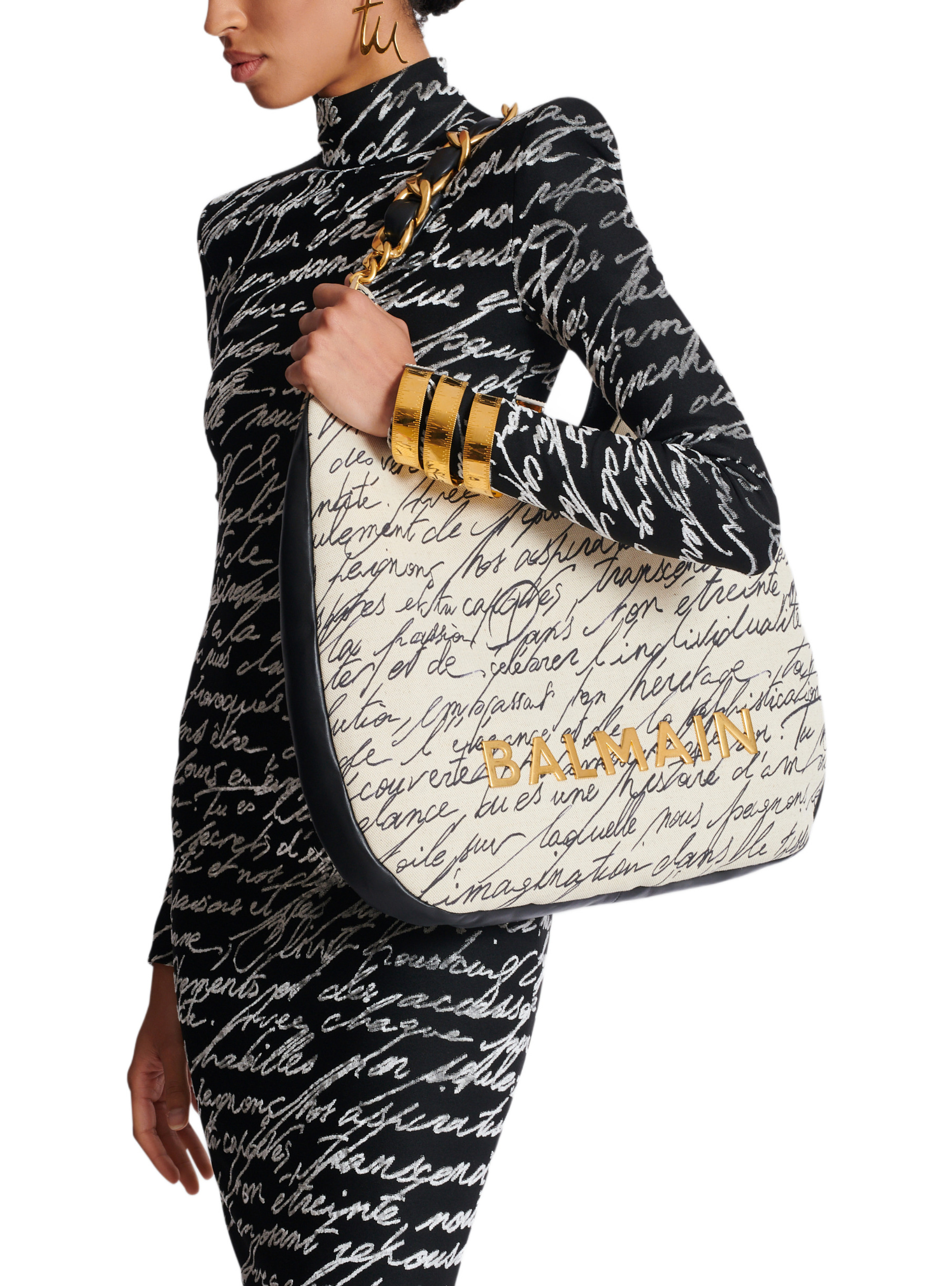 Sac cabas 1945 soft hobo large en toile imprimée BALMAIN Beige