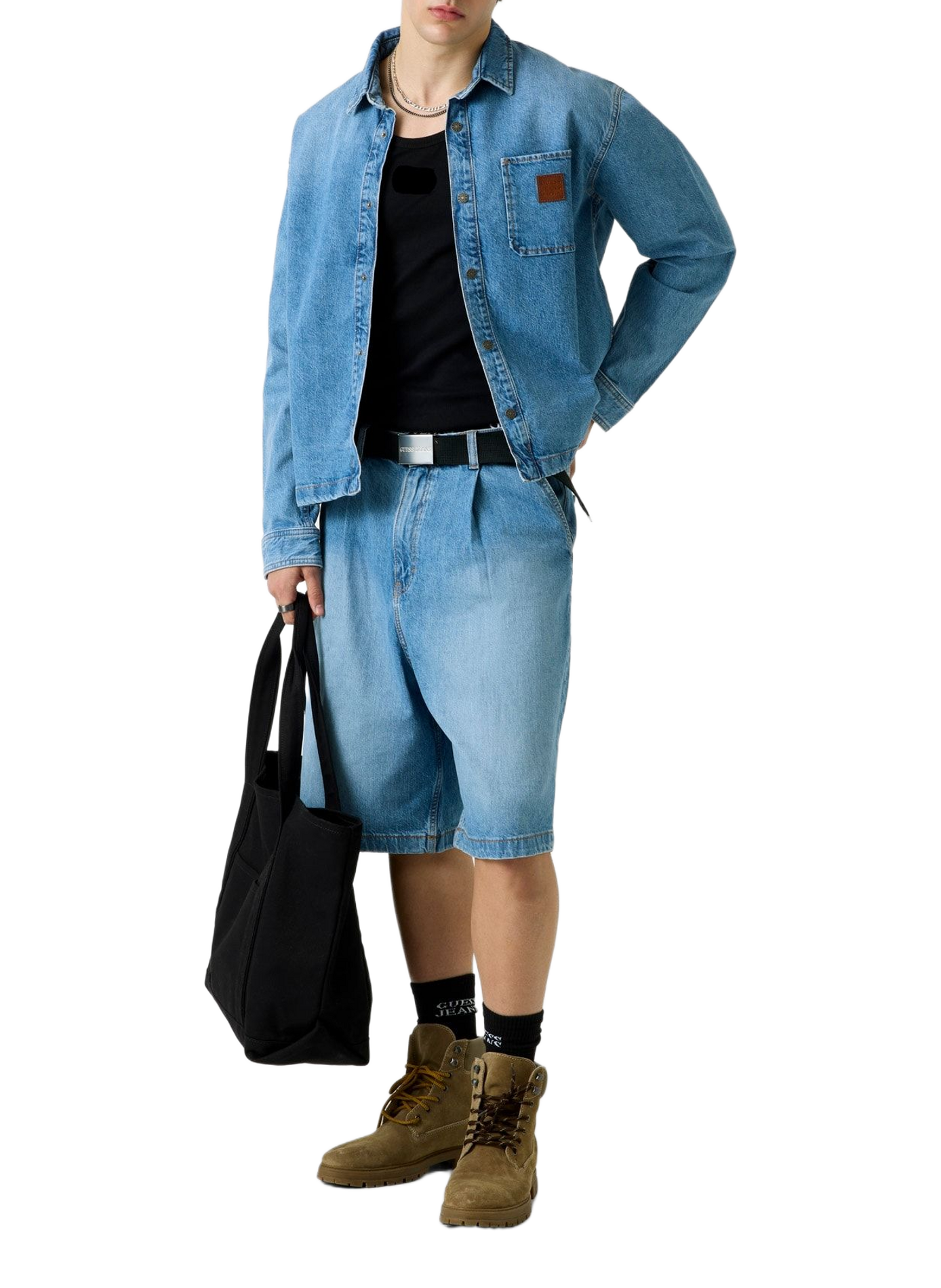 Shirt with classic collar in blended cotton denim GUESS Blue