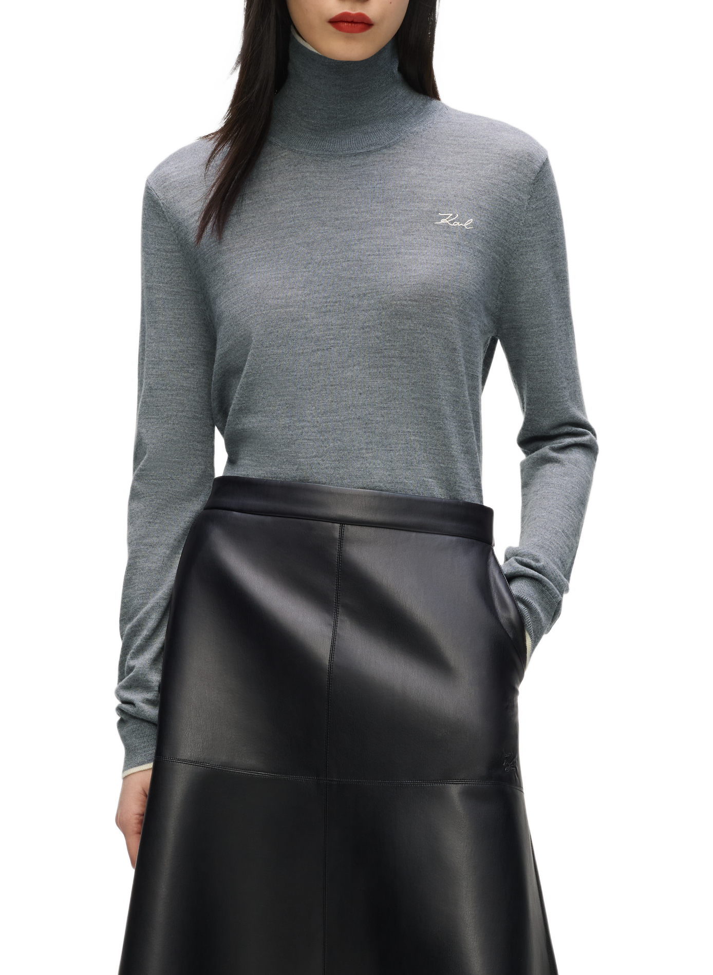 Pull droit col roulé en laine mérinos KARL LAGERFELD Gris