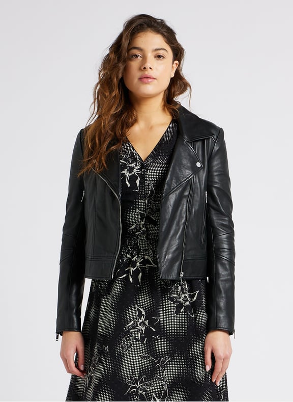 Blouson court zippé en cuir d'agneau Noir by IKKS IKKS Blouson court zippé en cuir d'agneau Noir