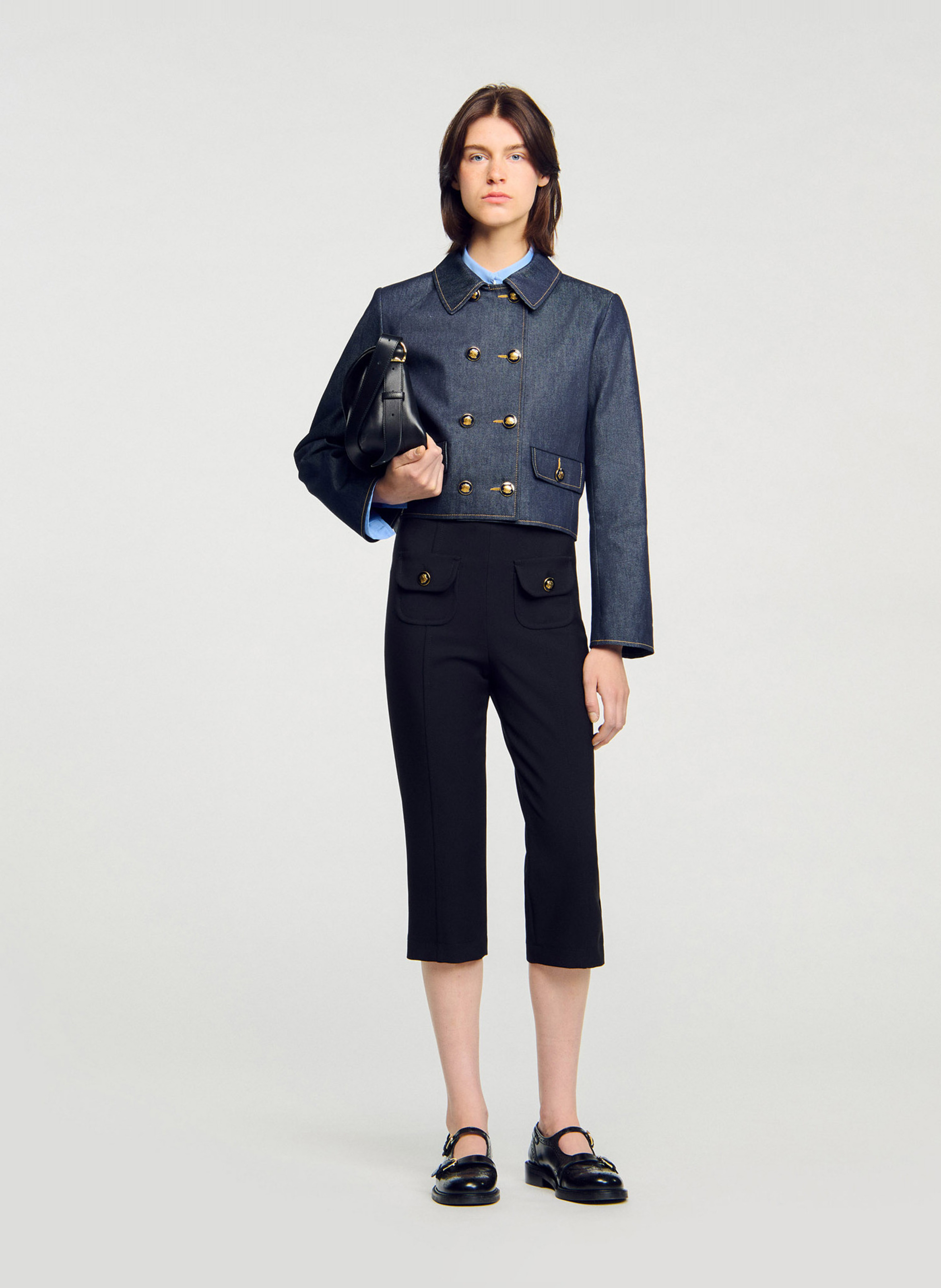 Veste courte col classique en denim SANDRO Bleu