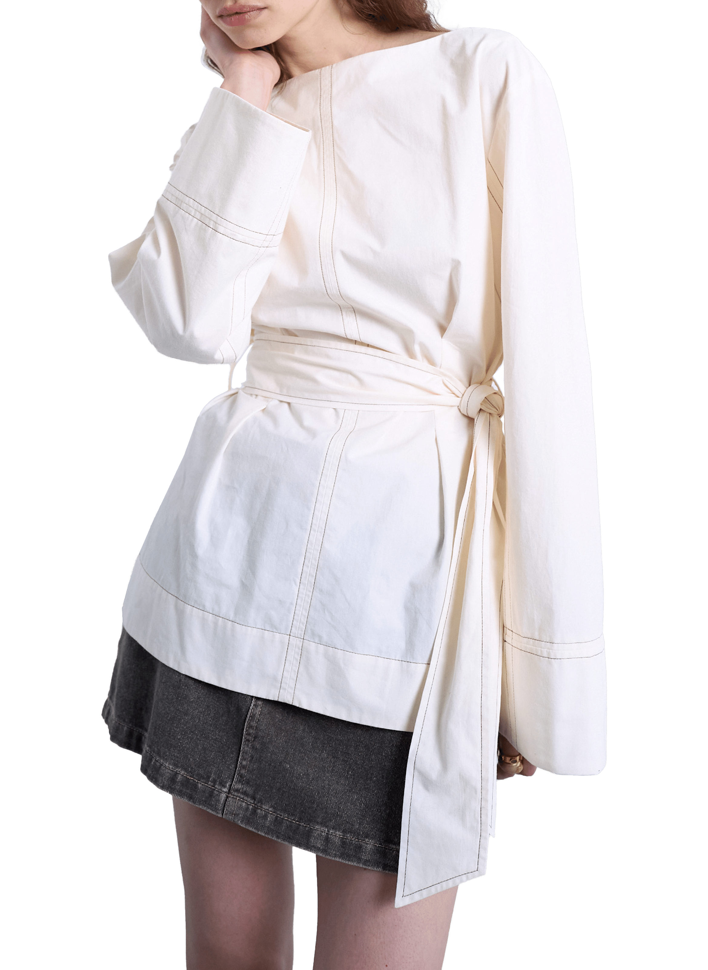 TOPSHOP Chemisier ceinturé en coton Beige