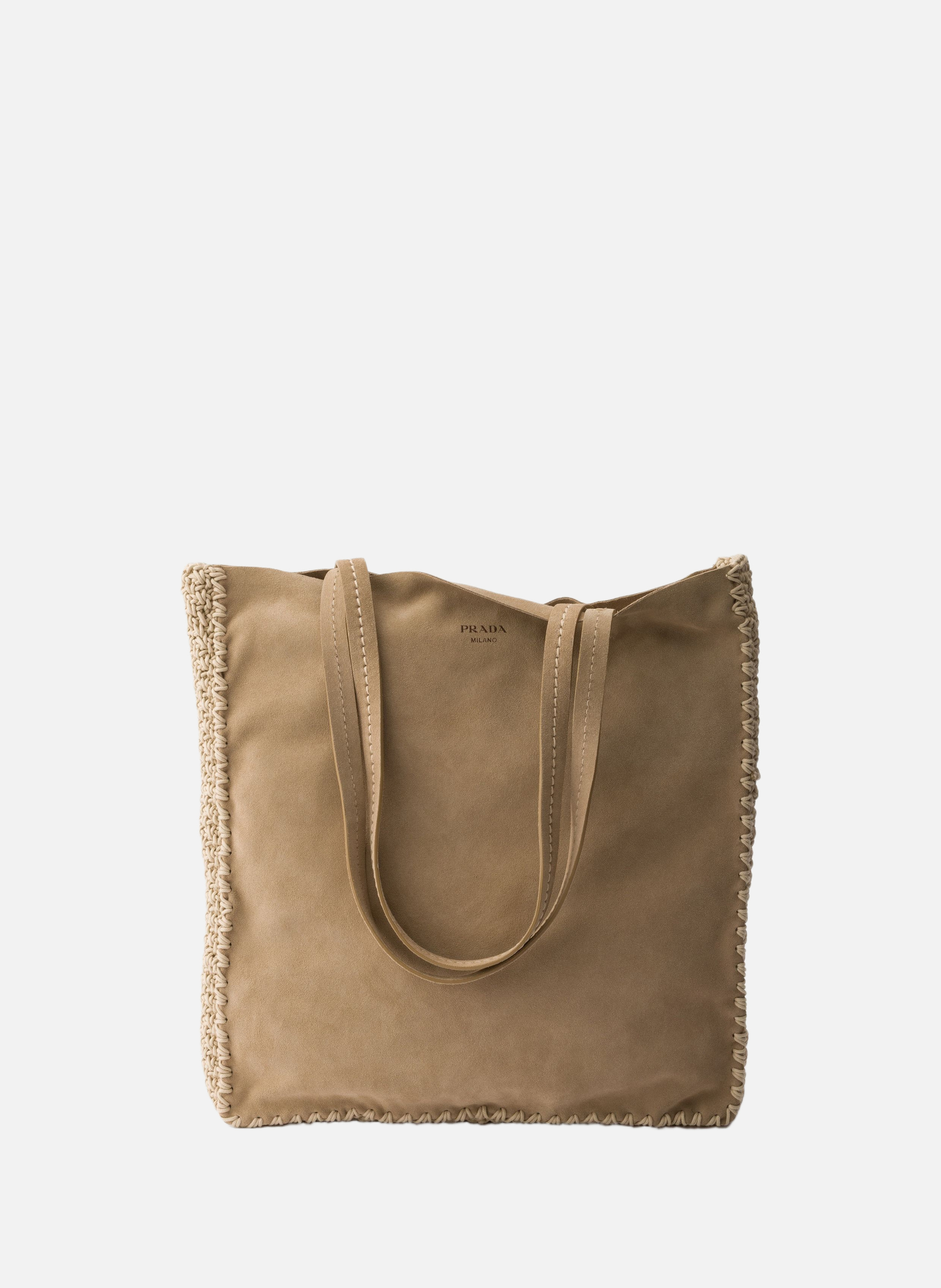 Grand cabas en daim et crochet PRADA Beige