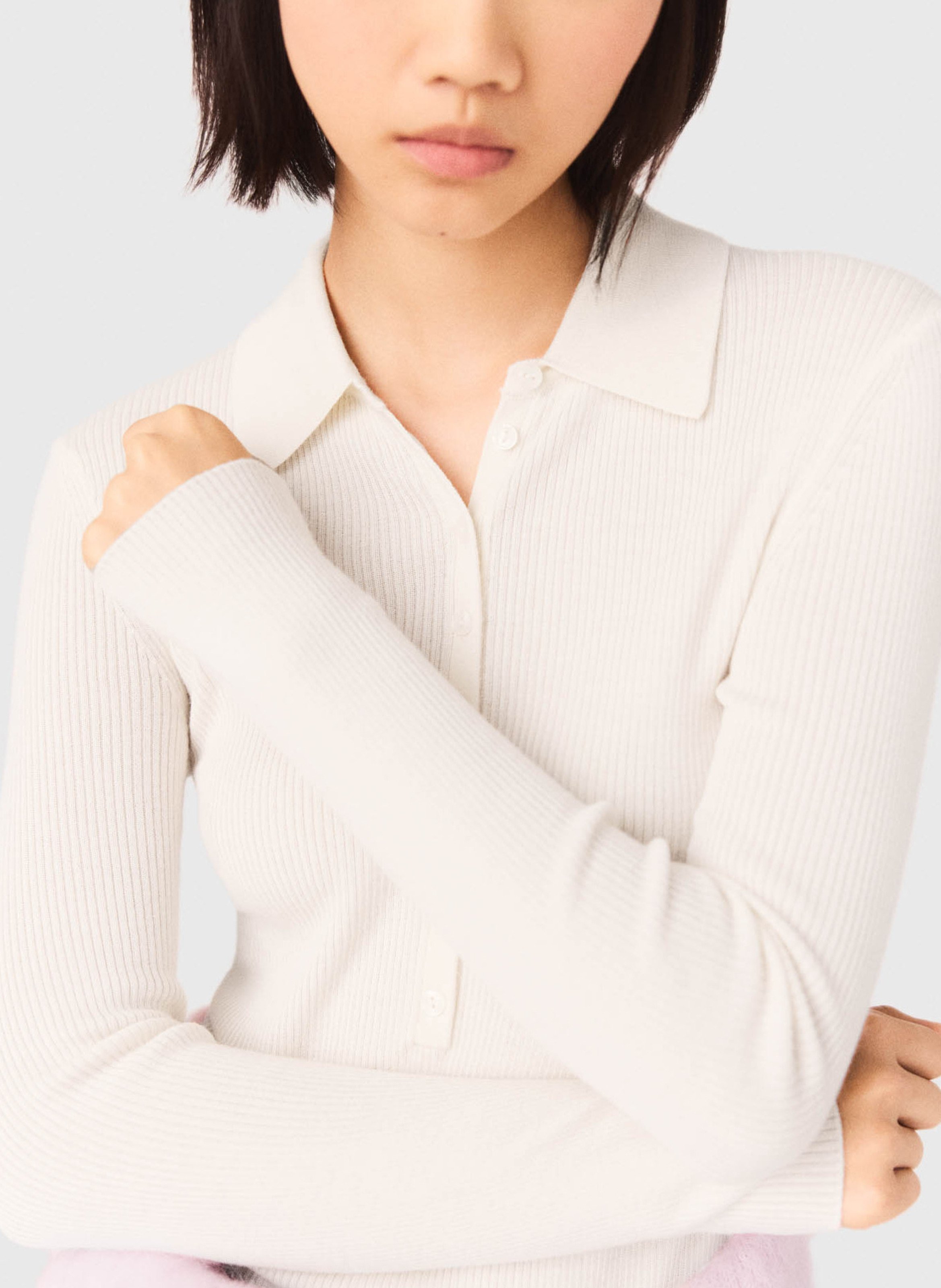 Pull col polo en laine et soie MAJE Beige