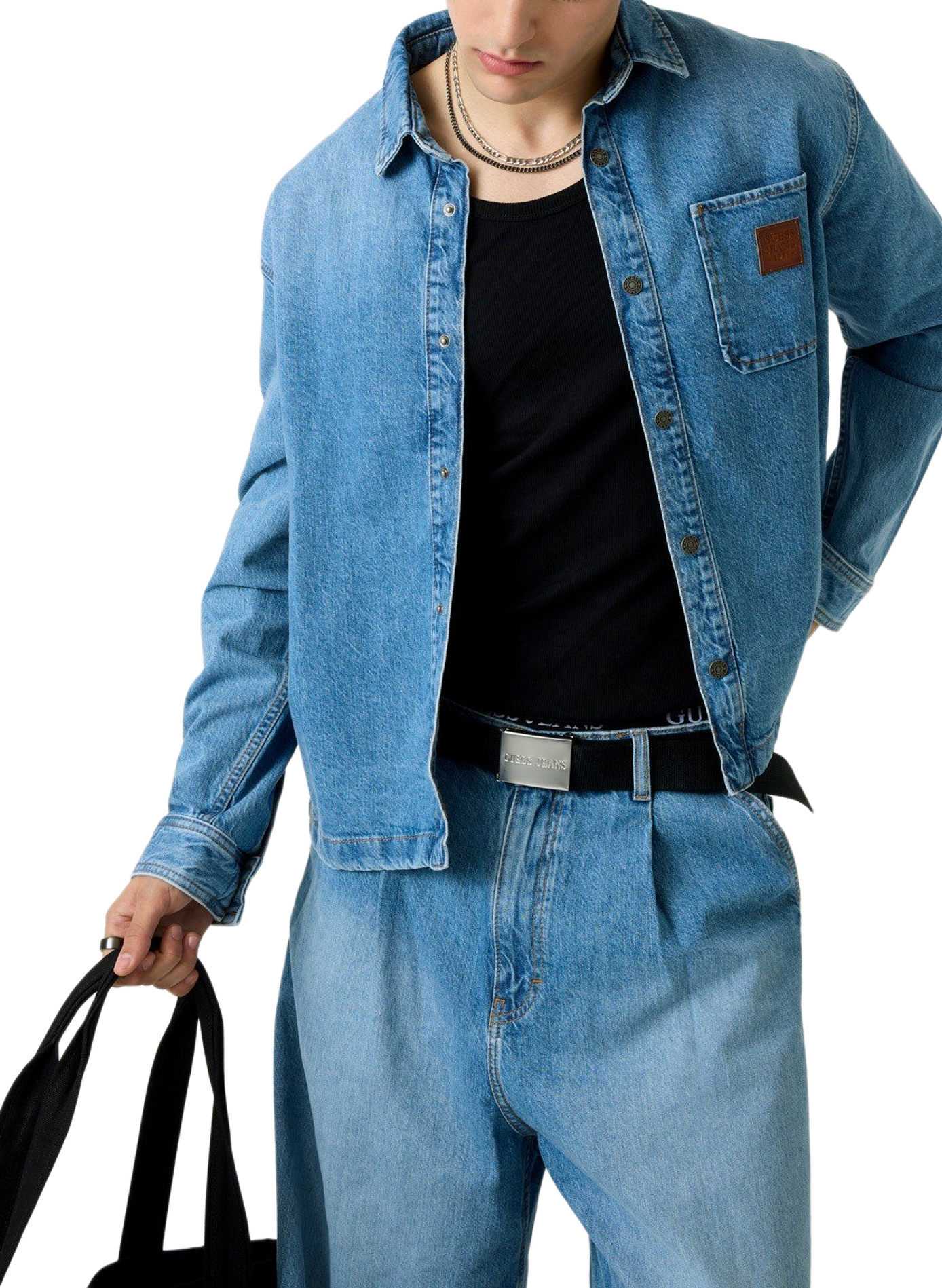 Shirt with classic collar in blended cotton denim GUESS Blue