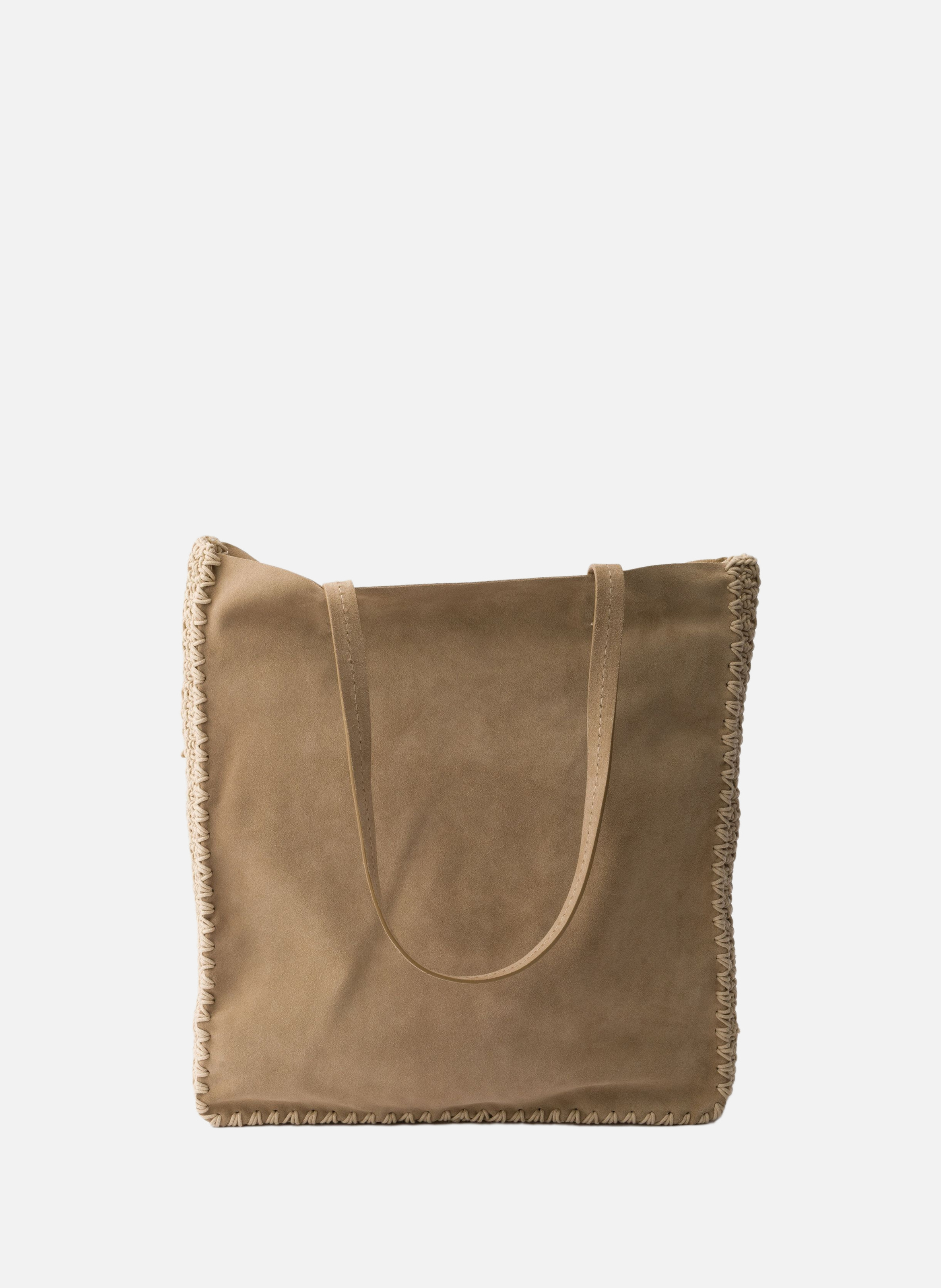Grand cabas en daim et crochet PRADA Beige
