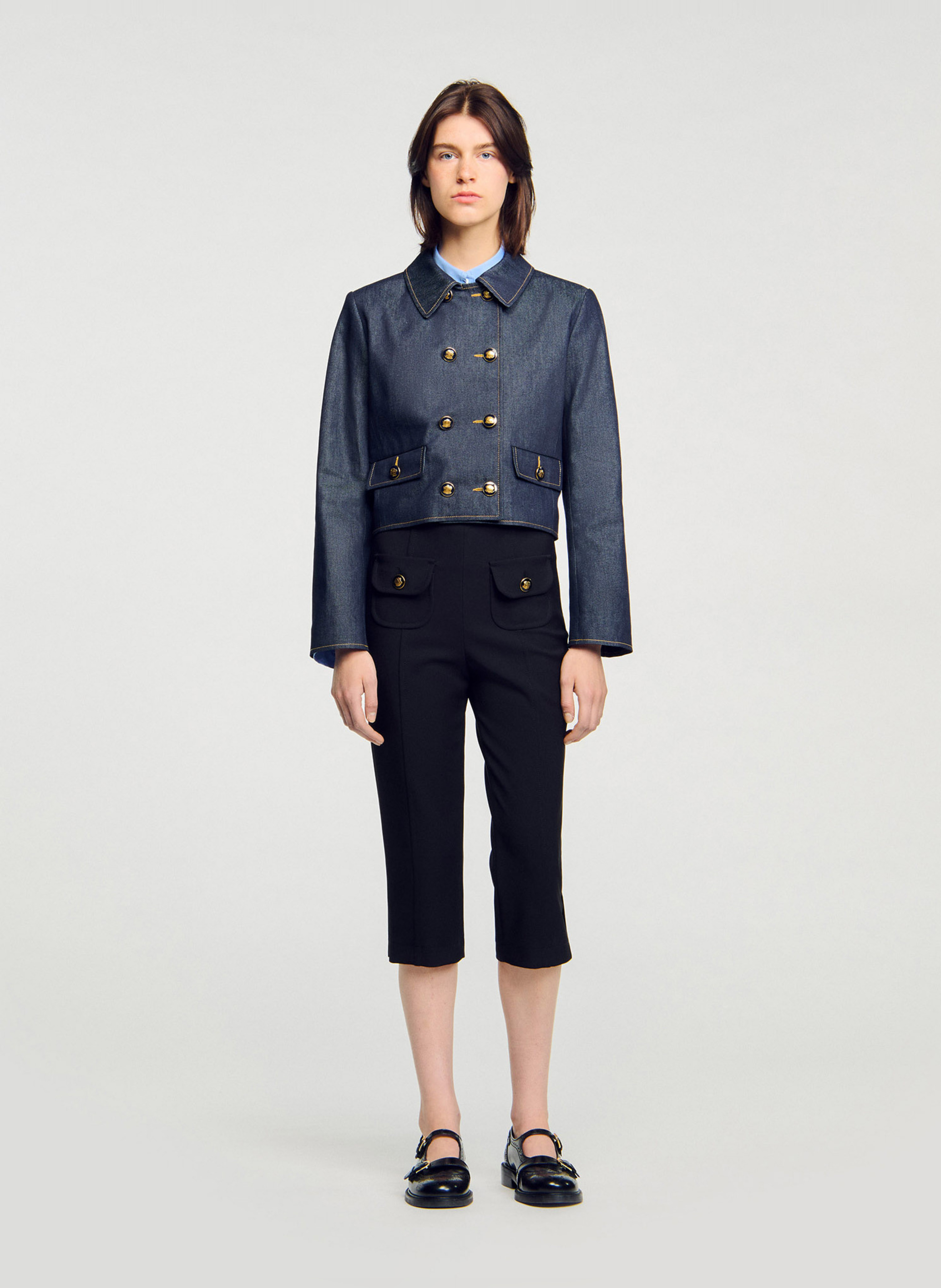 Veste courte col classique en denim SANDRO Bleu