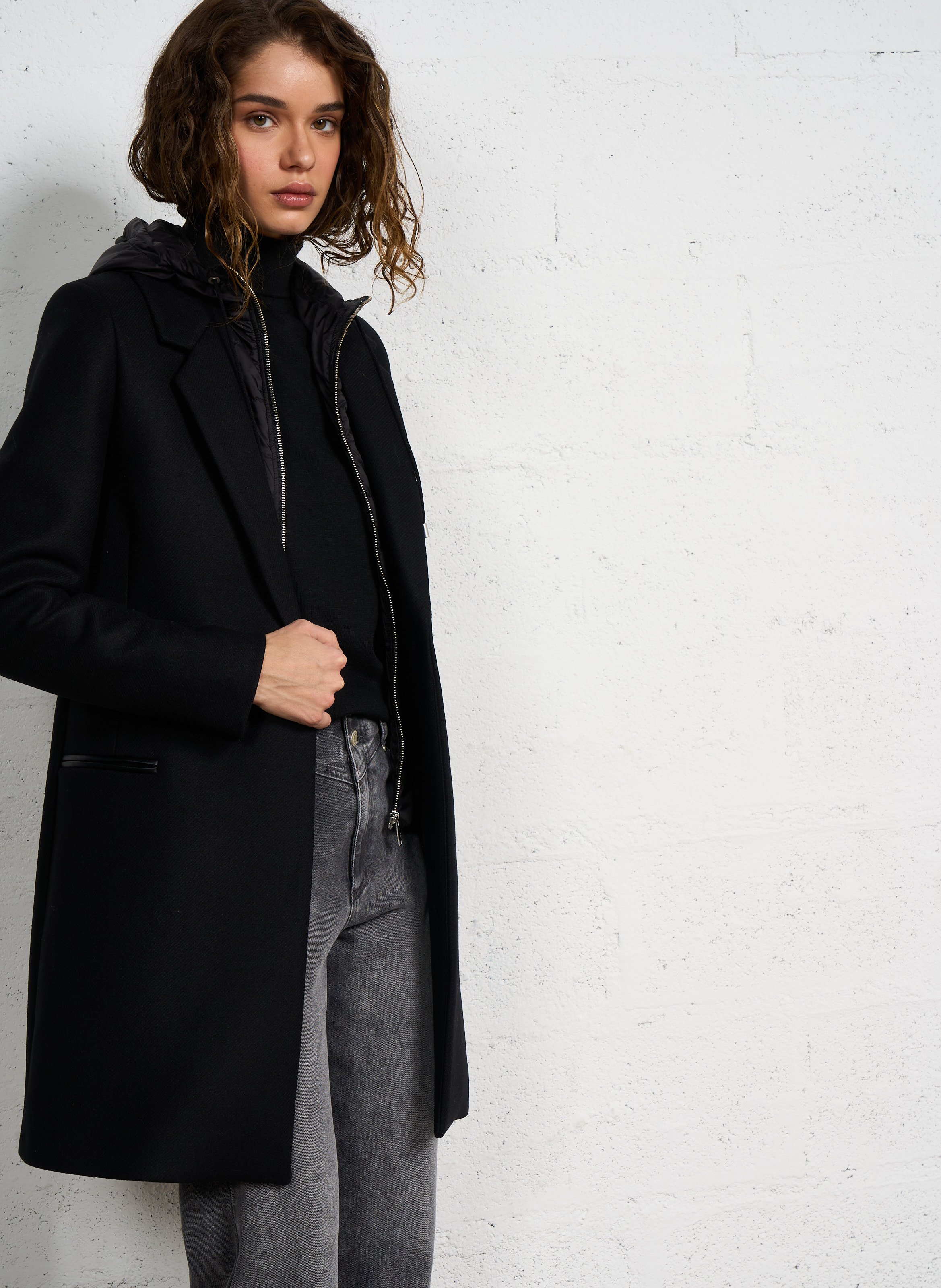 Manteau à capuche en drap de laine IKKS Noir