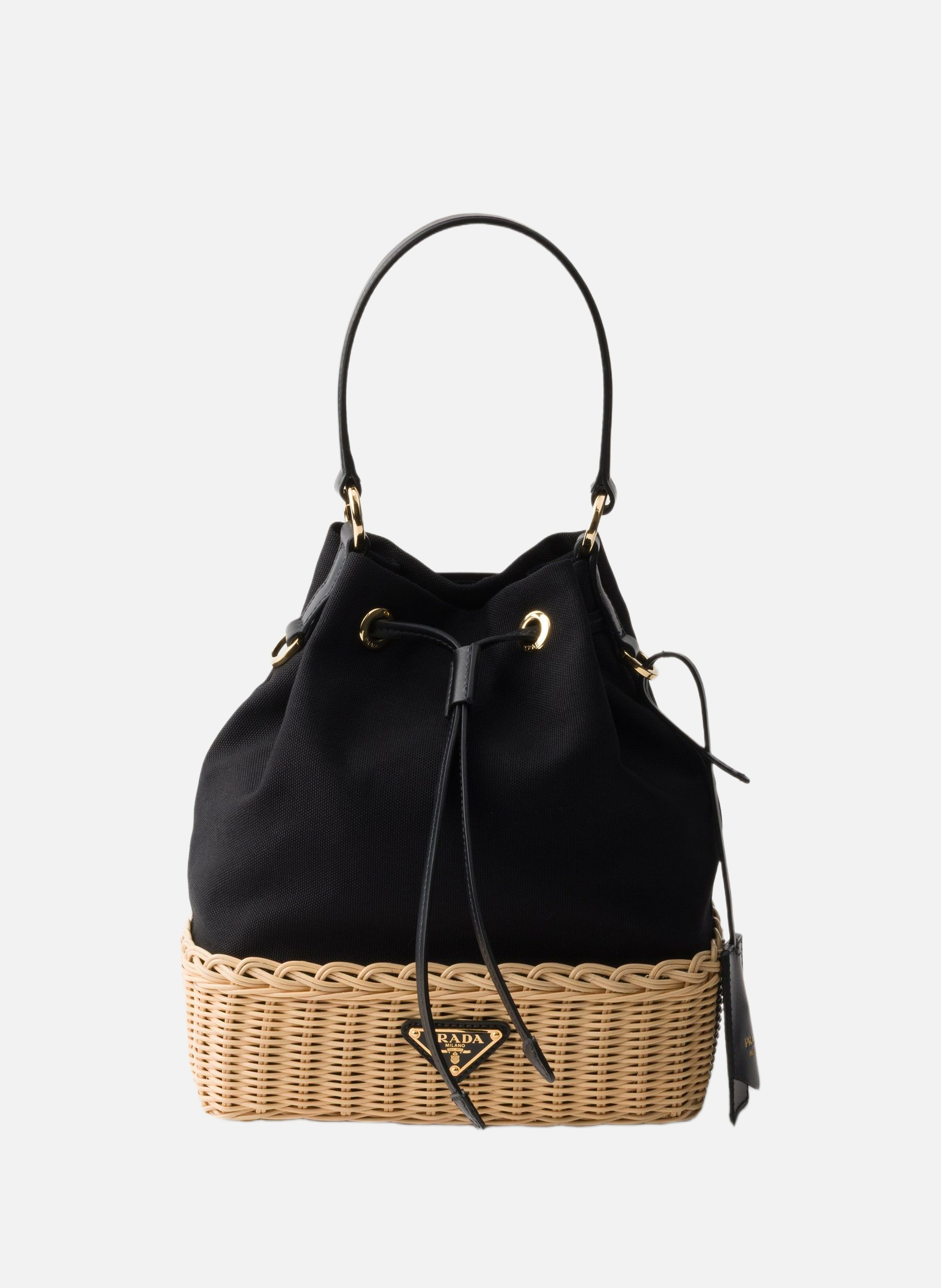 Sac seau en toile et osier PRADA Beige