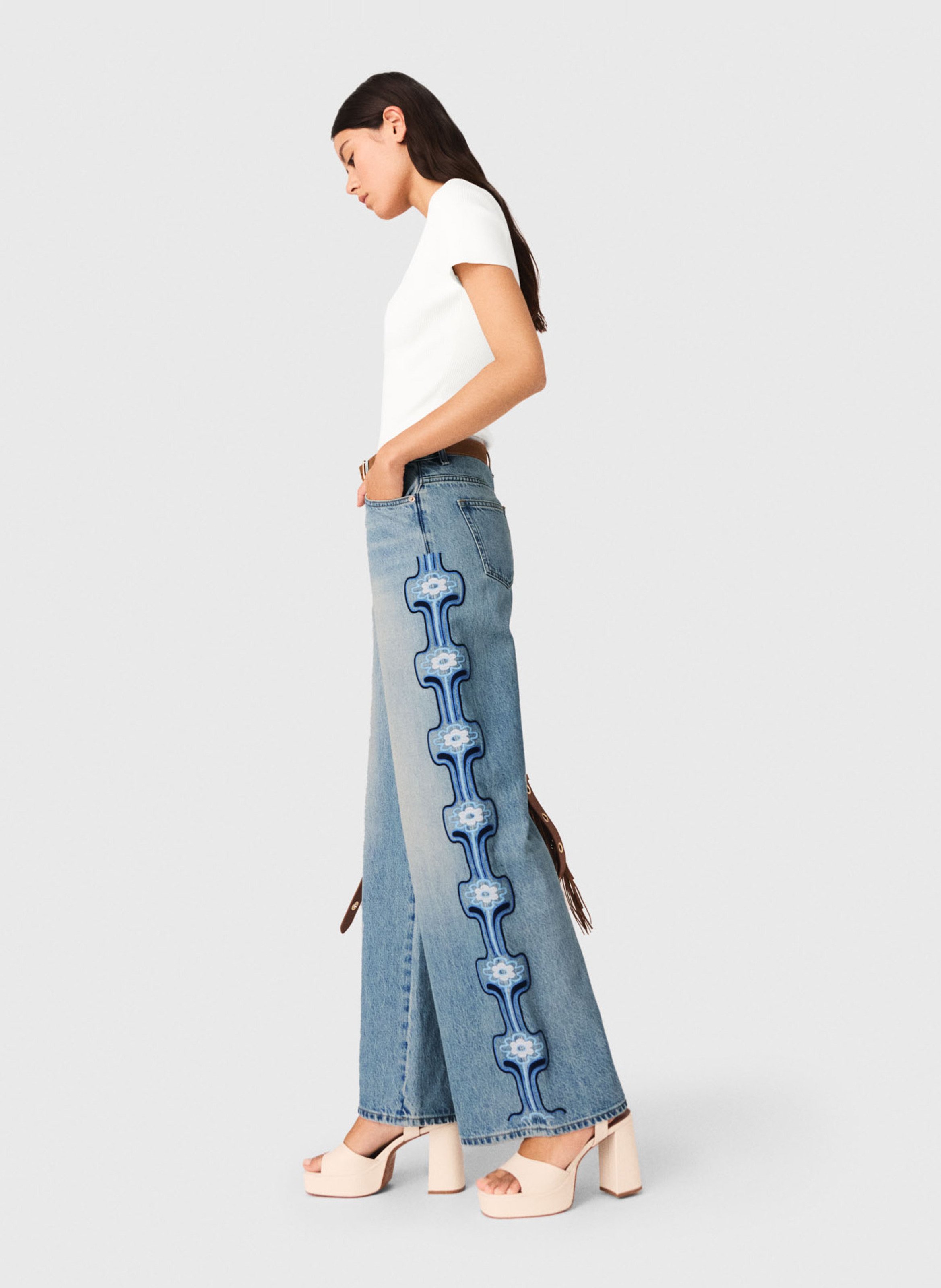 Jean large taille haute brodé MAJE Bleu