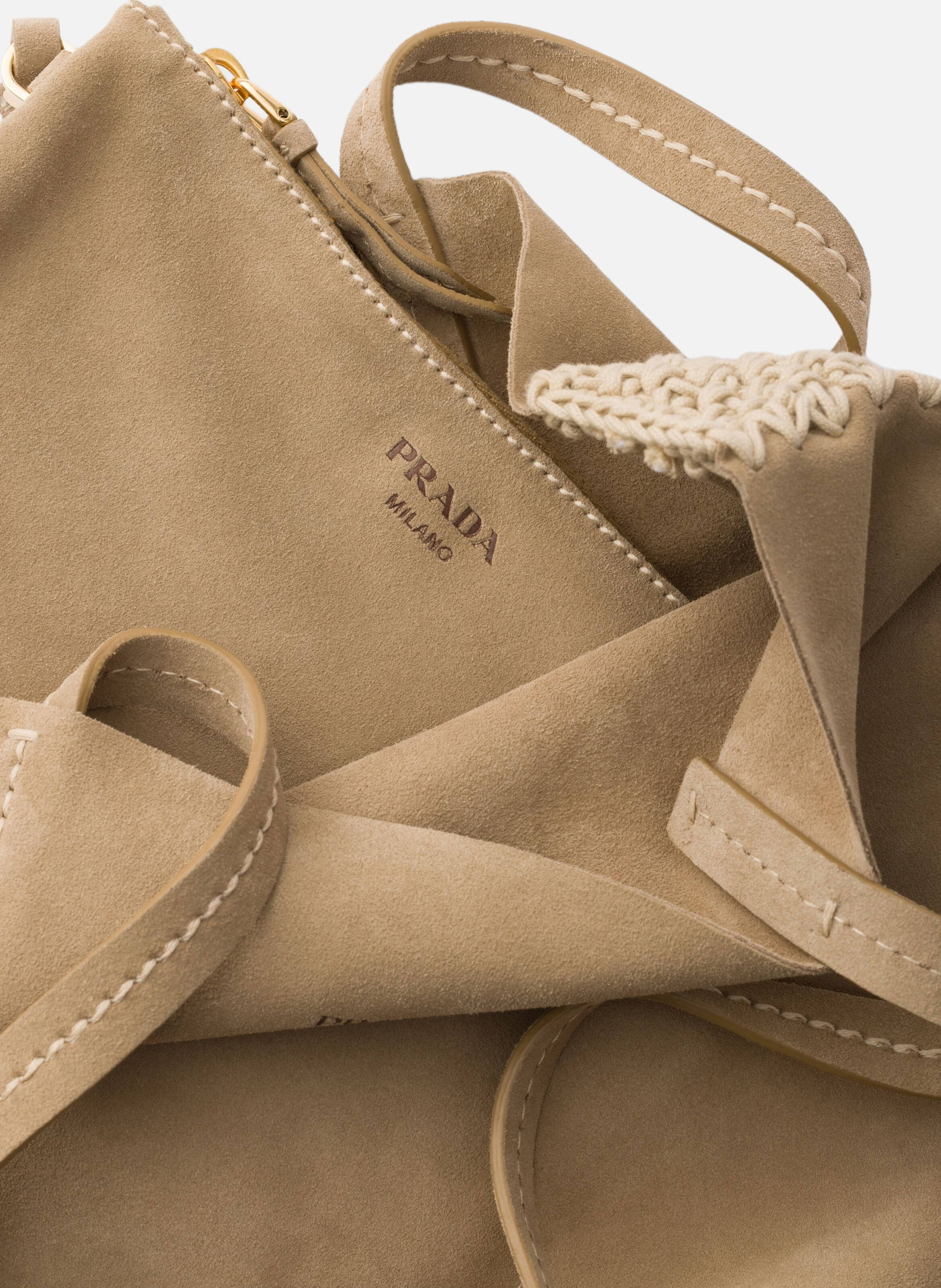 Grand cabas en daim et crochet PRADA Beige