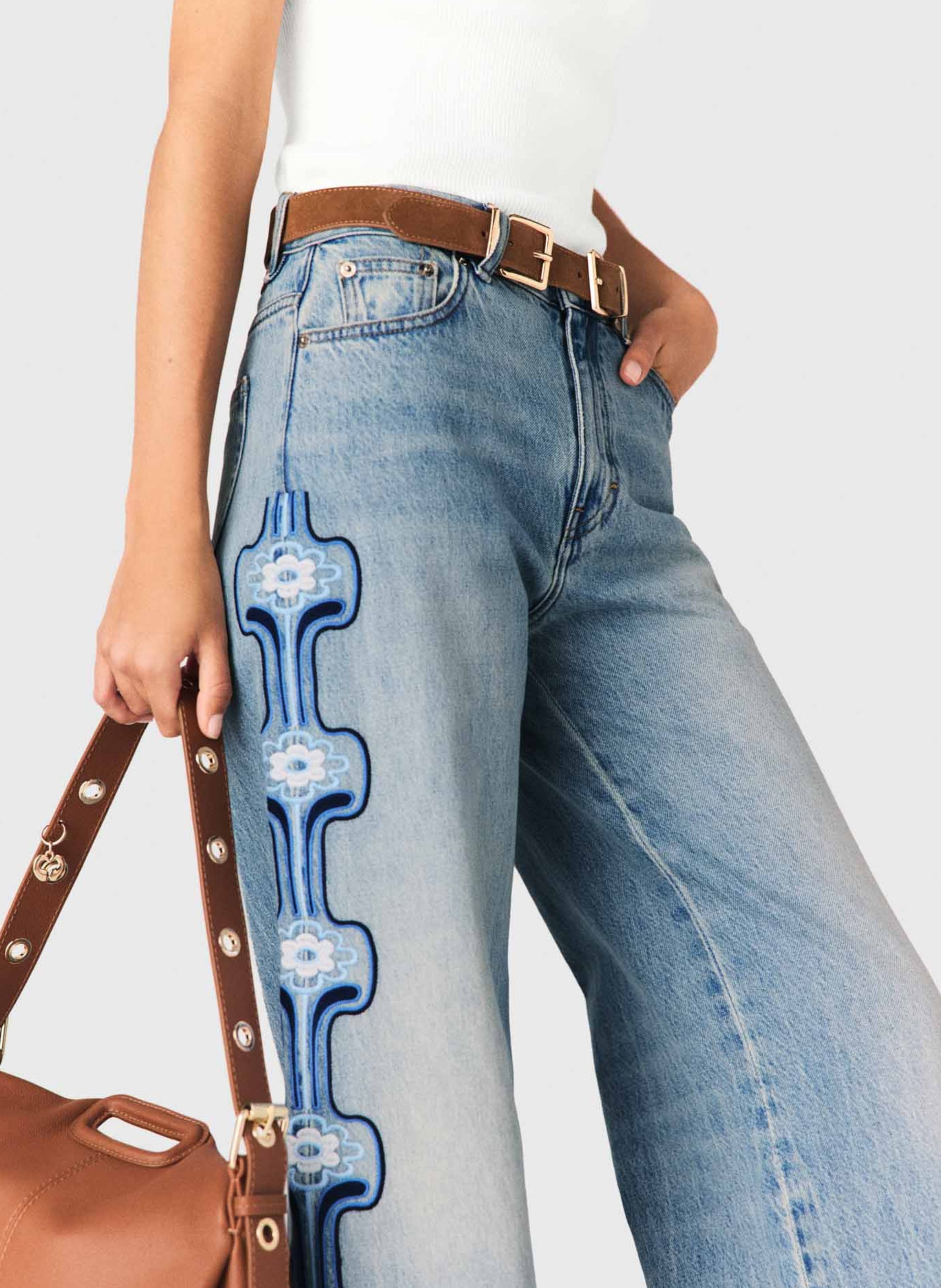 Jean large taille haute brodé MAJE Bleu