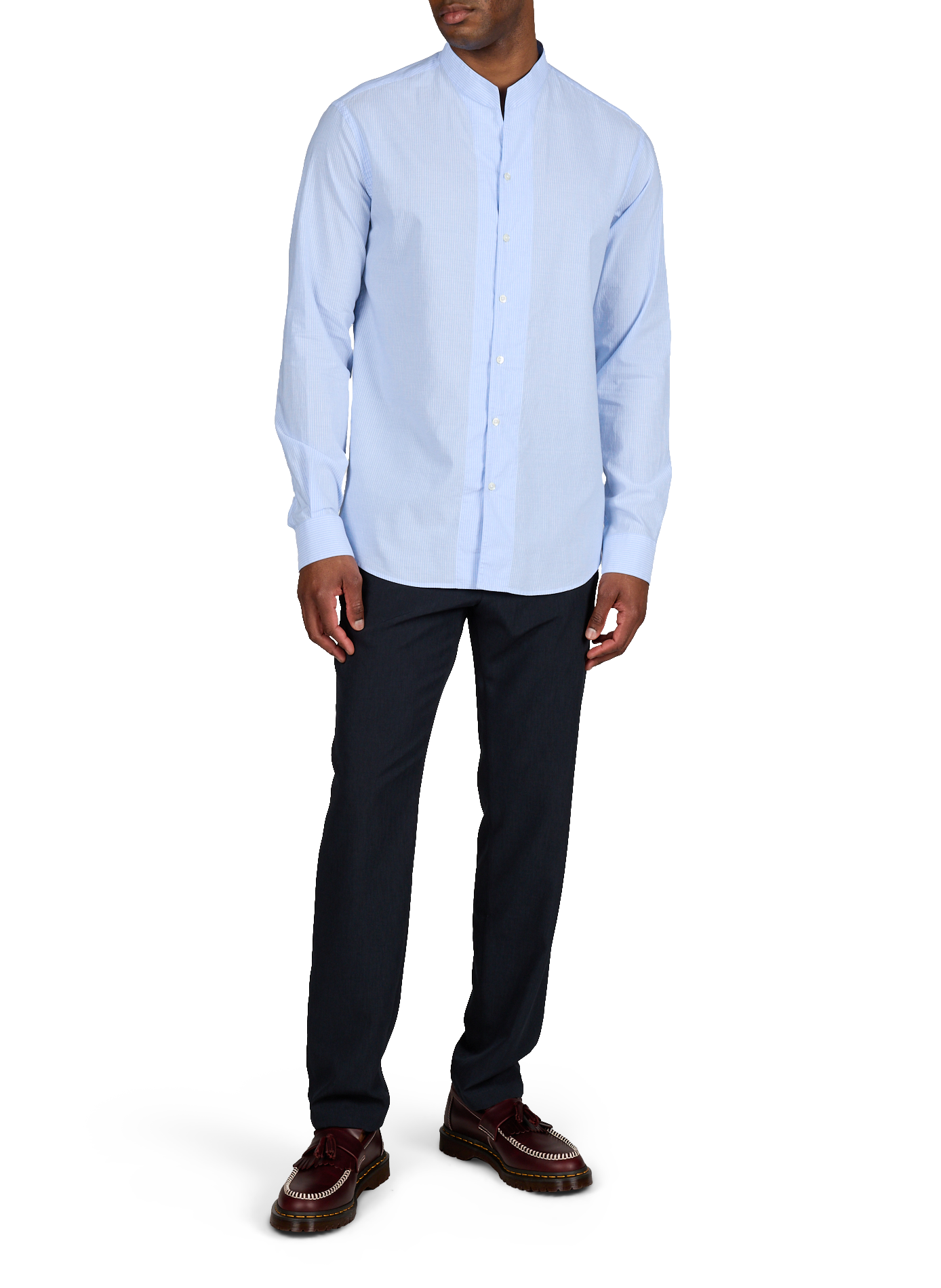 Camicia a righe con colletto mao in cotone e lino EMPORIO ARMANI Blu