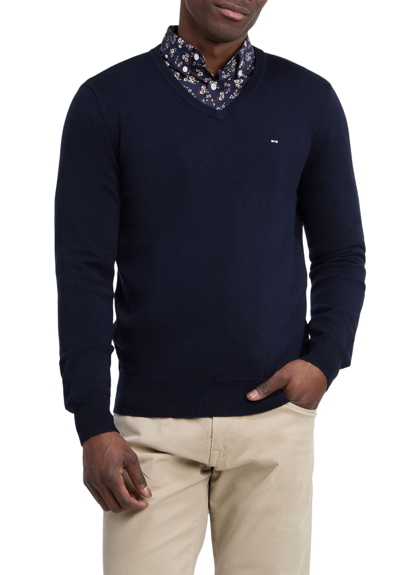 Gerader Pullover mit V-Ausschnitt aus Wolle und Baumwolle EDEN PARK Blau