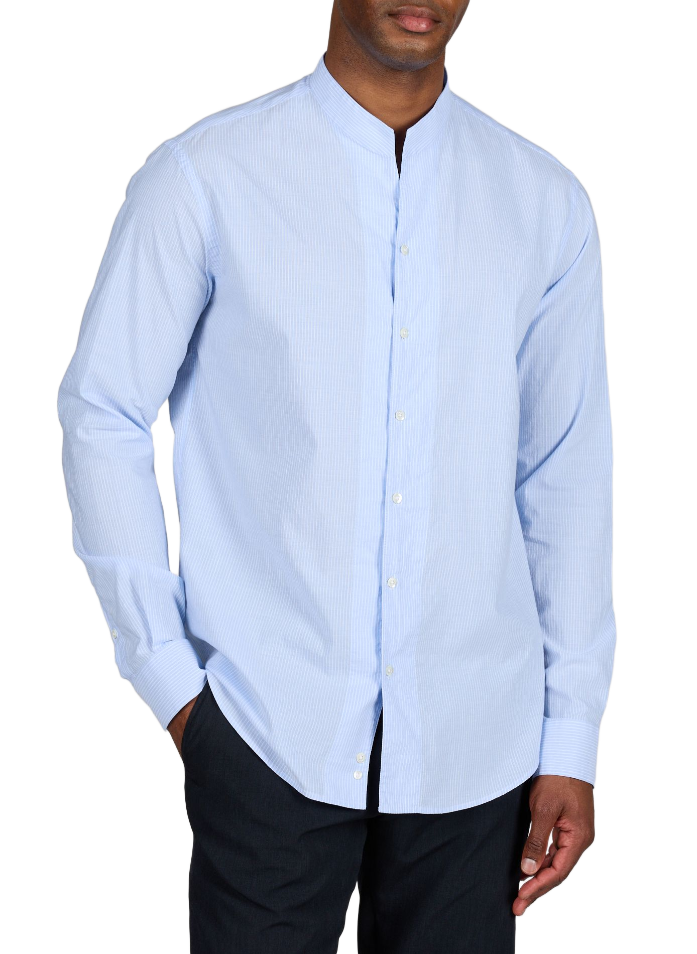 Camicia a righe con colletto mao in cotone e lino EMPORIO ARMANI Blu