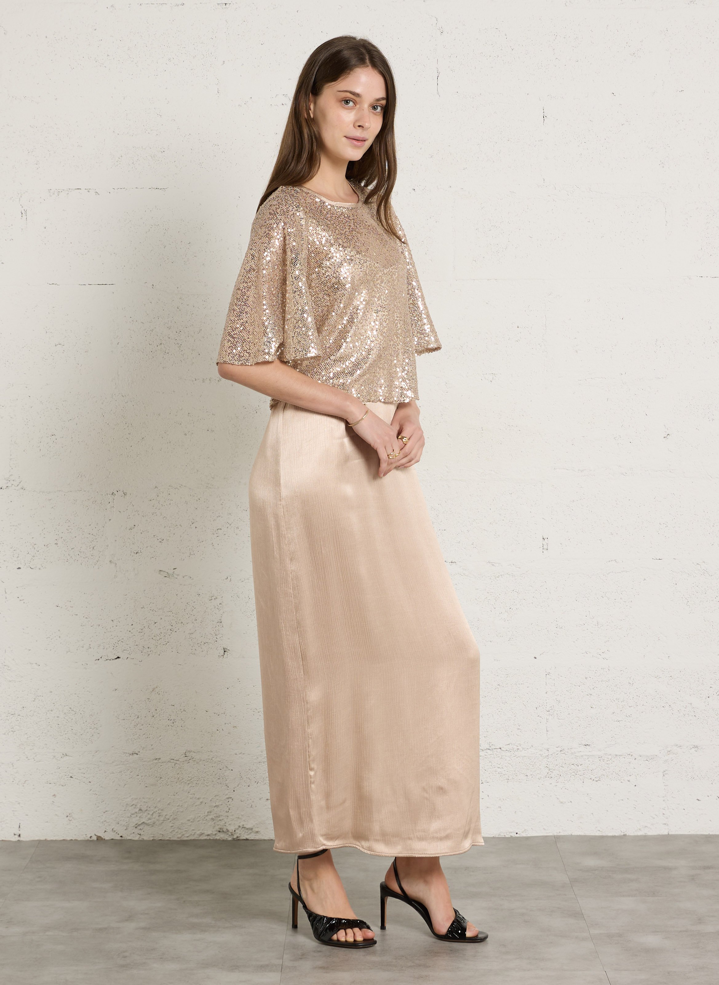 Robe longue col rond à sequins brillante MAISON 123 Blanc