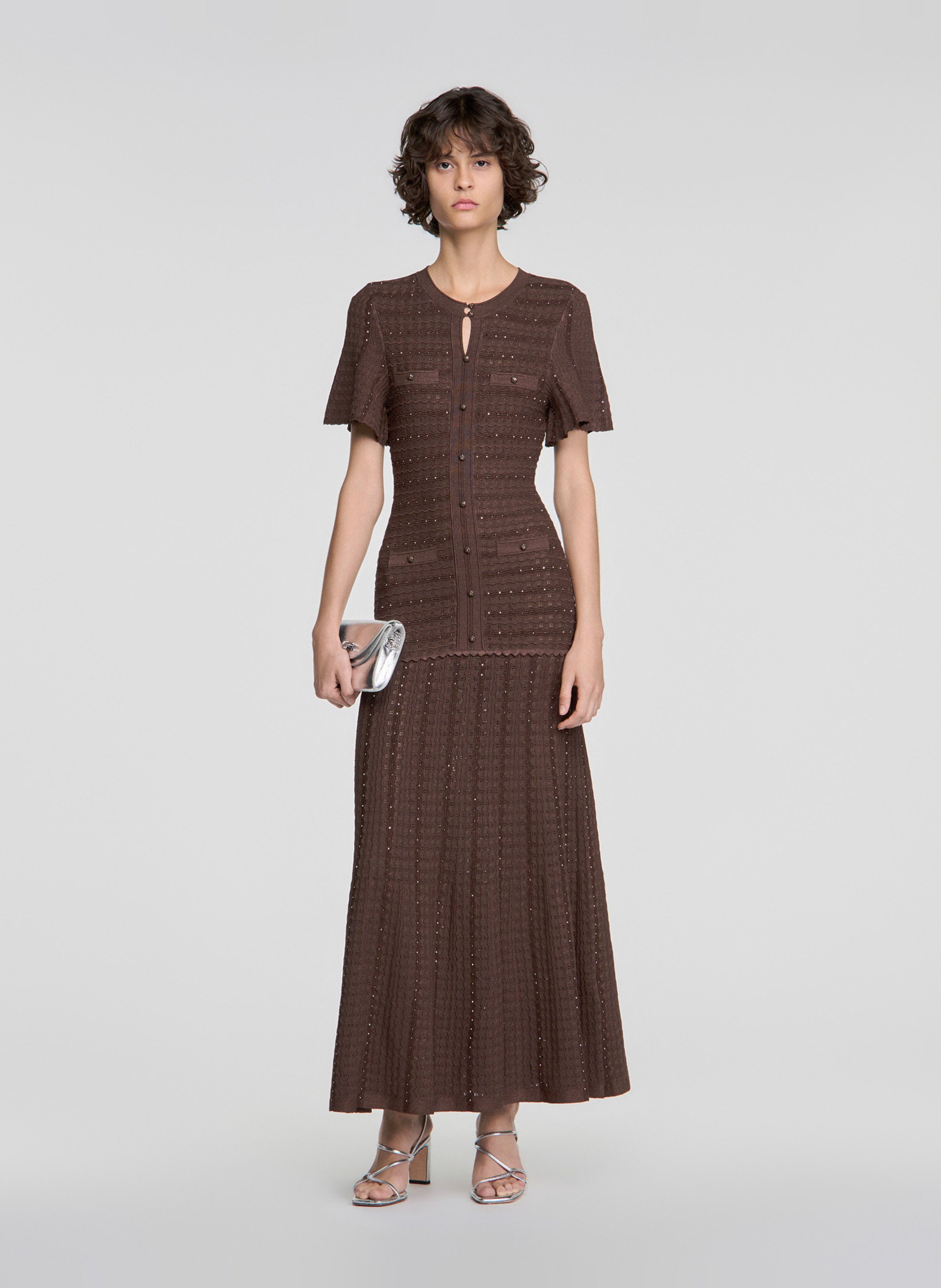 Robe longue col rond évasée SANDRO Marron