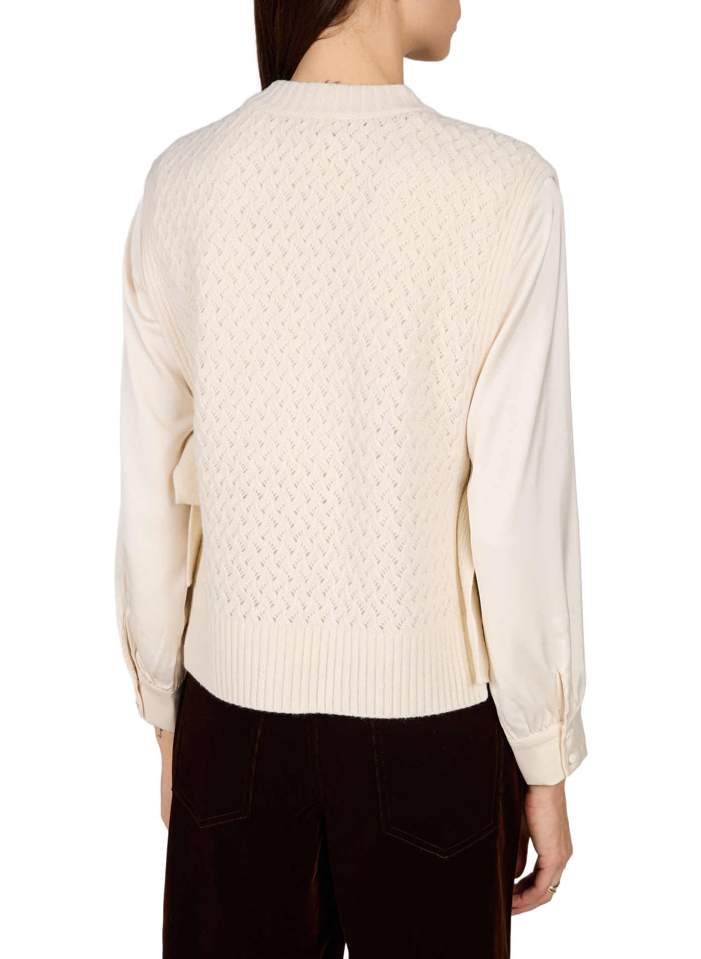 Miyoko round neck merino wool sweater with openwork and tied detail. PETITE MENDIGOTE Beige