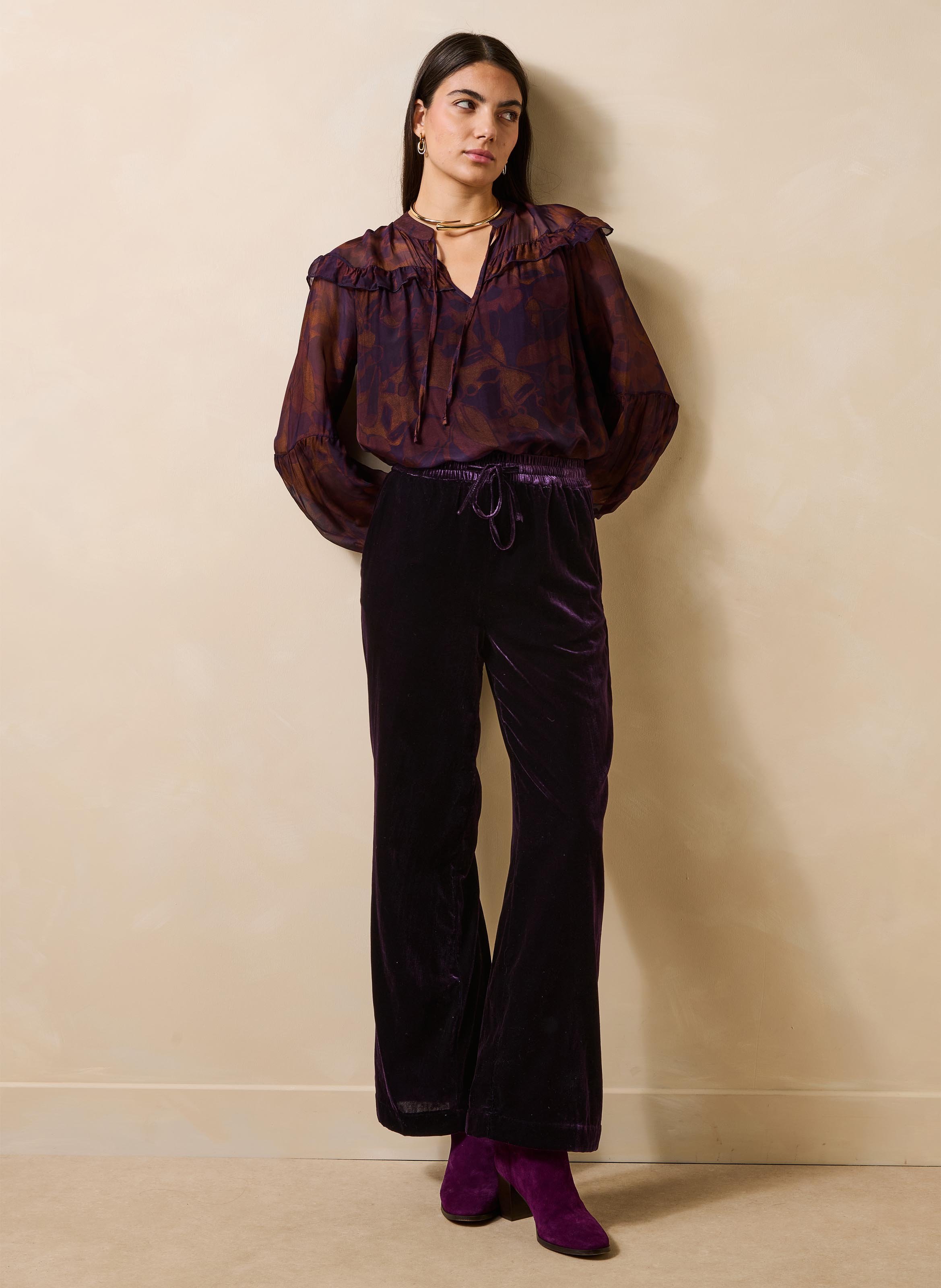 Wijde fluwelen broek met hoge taille LA FEE MARABOUTEE Paars
