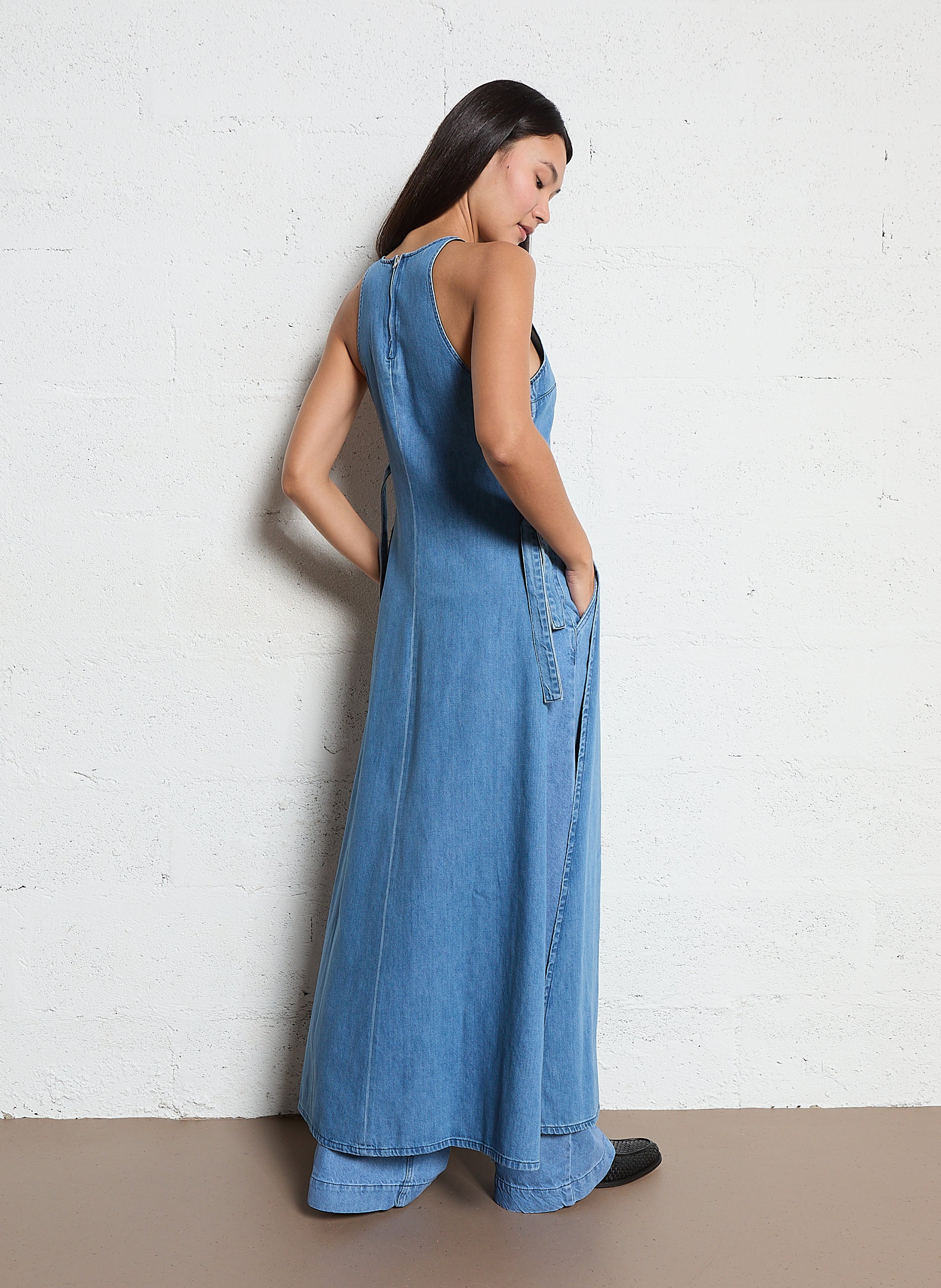 Robe longue col rond en jean IKKS Bleu